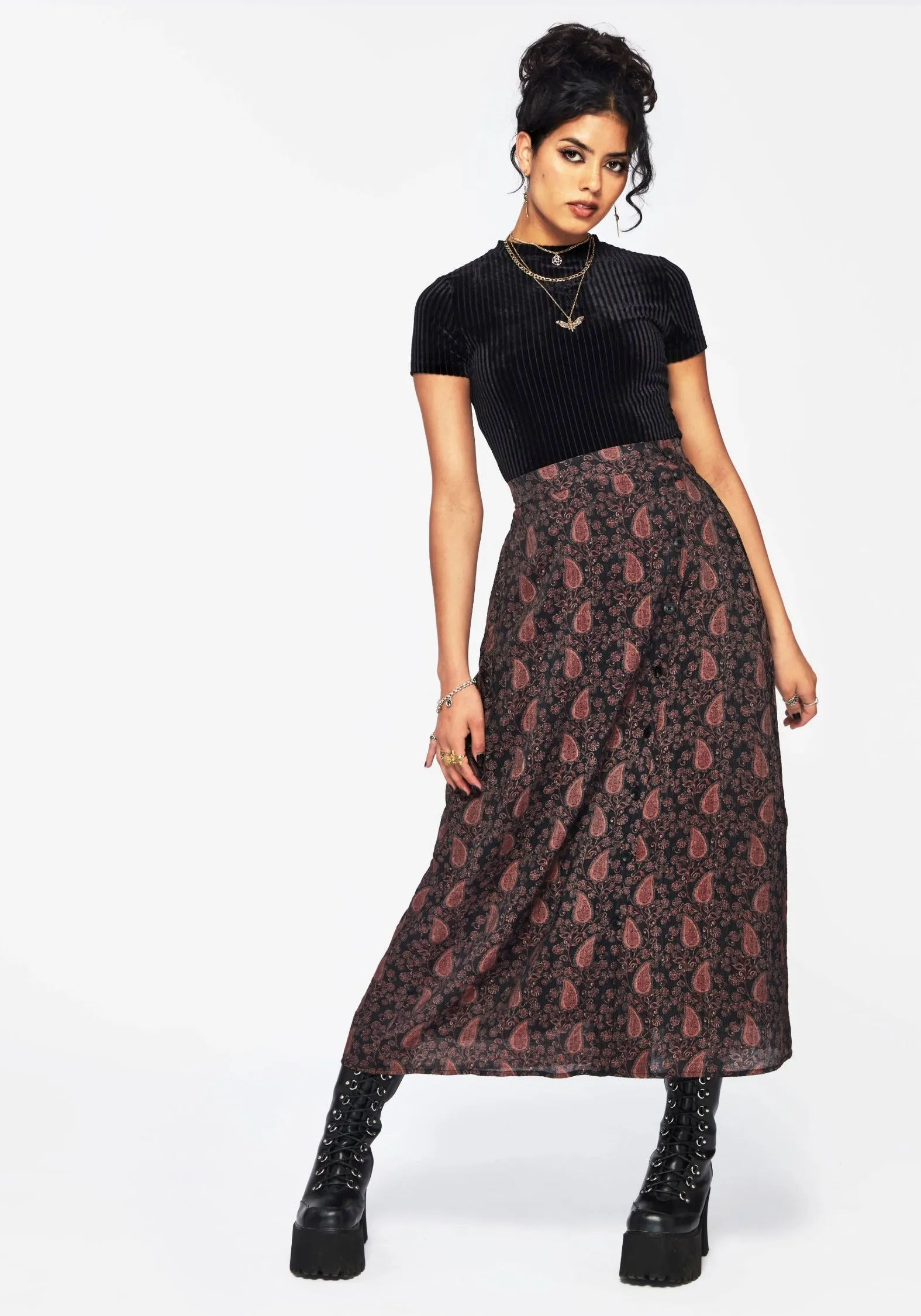 Modern Wardrobe Inverted Pleats Isola Paisley Print Asymmetric Button Up Midaxi Skirt