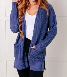 Double Layered Knit Brushed Interior Everything Layer Waffle Knit Open Front Cardigan In Marlin