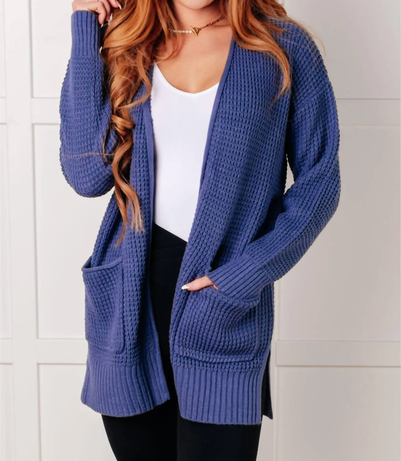 Double Layered Knit Brushed Interior Everything Layer Waffle Knit Open Front Cardigan In Marlin