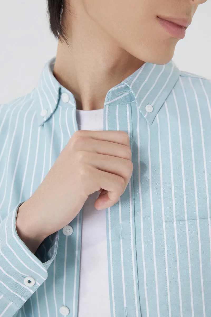 Loose Comfort Comfortable fit Oxford Button-Down Casual Shirt | Light Blue Stripes 7968NZ