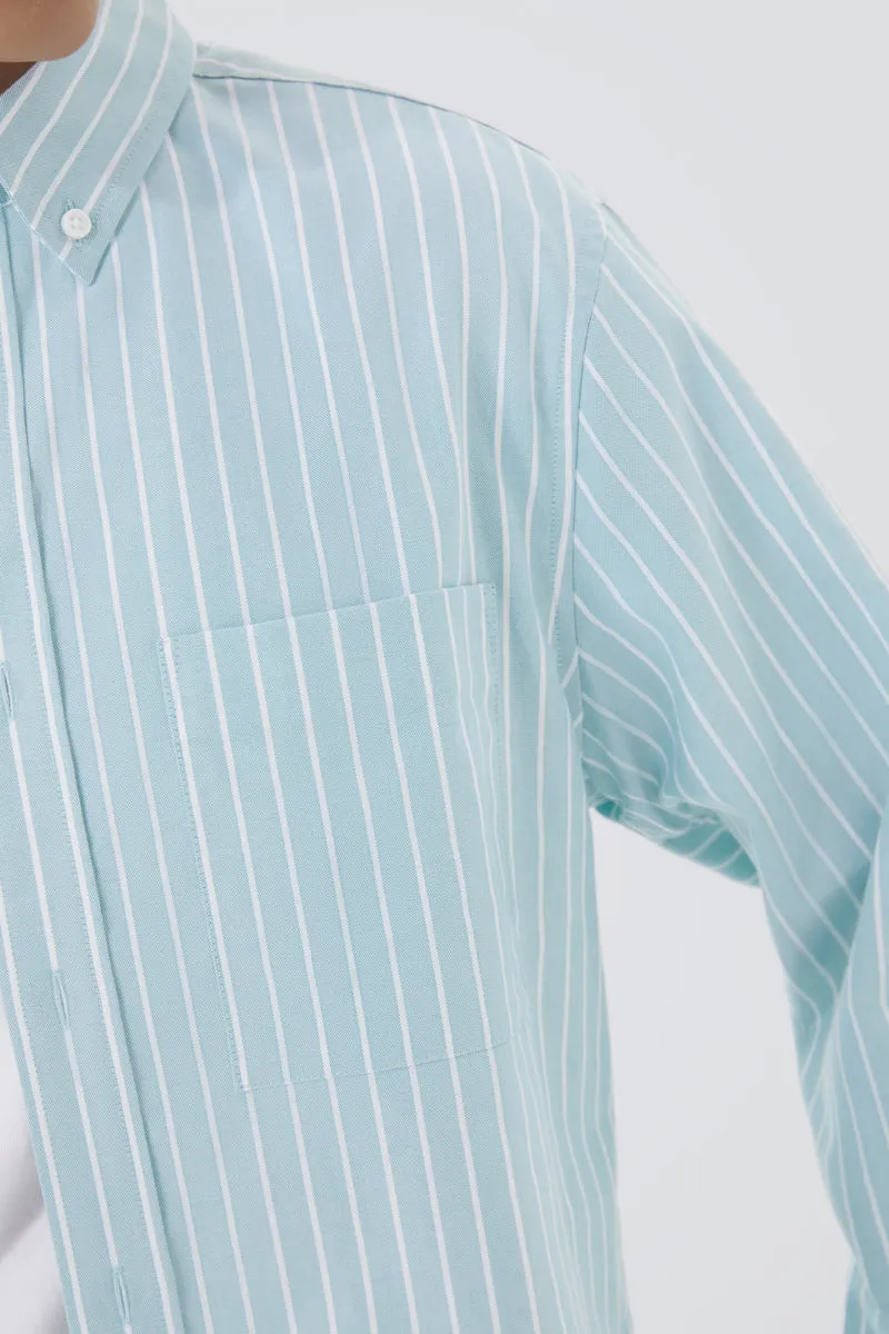 Oxford Button-Down Casual Shirt | Light Blue Stripes 7968NZ Hooded Neckline