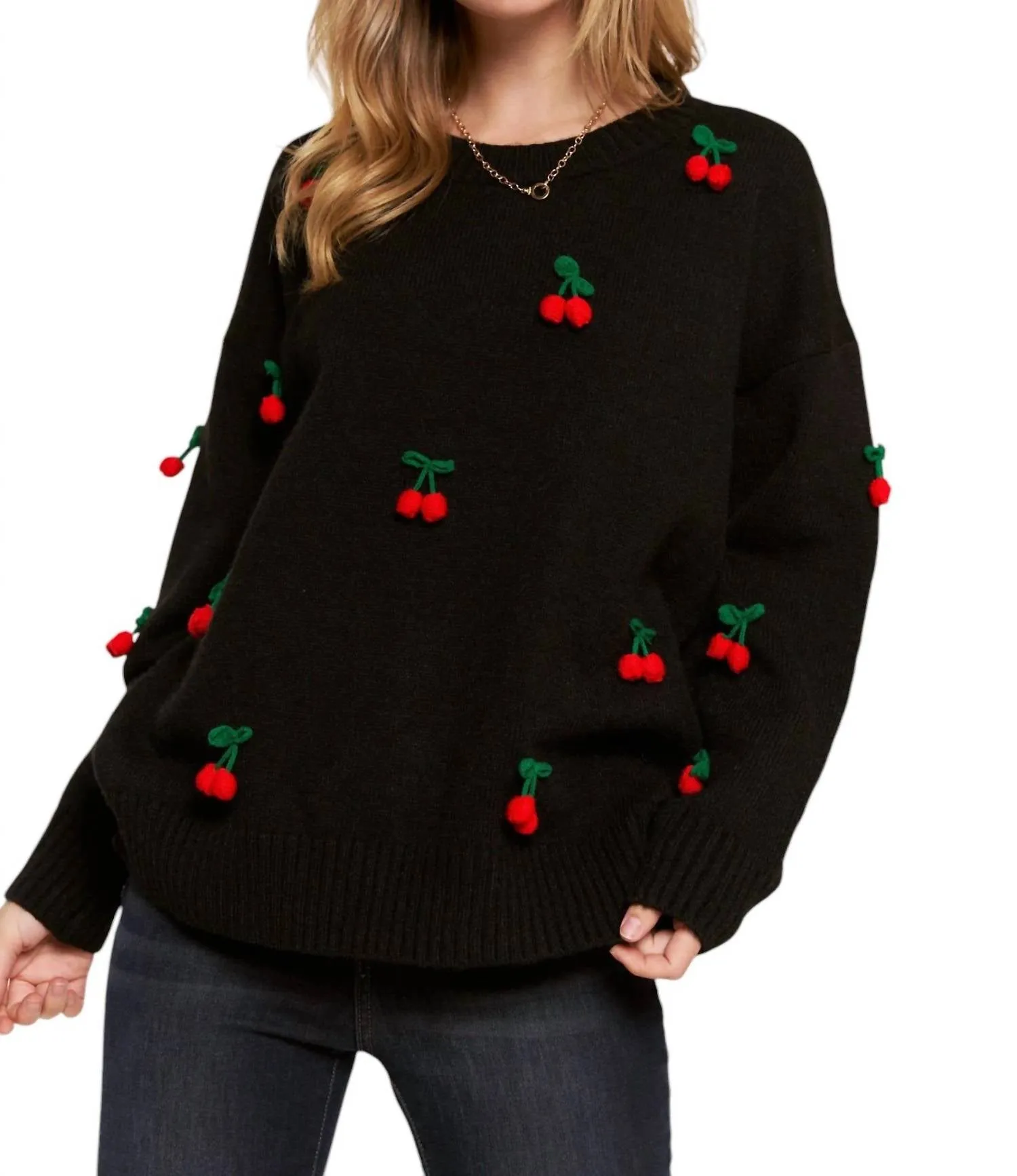 Breathable Wool Shirley Temple Cherry Pom Sweater In Black