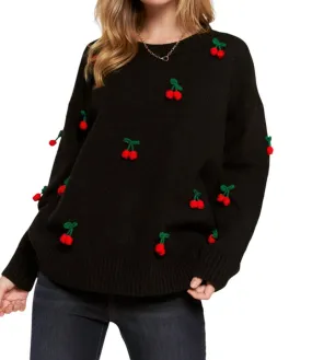 Breathable Wool Shirley Temple Cherry Pom Sweater In Black