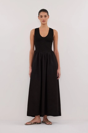 FLORENCE BLACK SLEEVELESS COTTON MIDI DRESS Sweetheart Cut