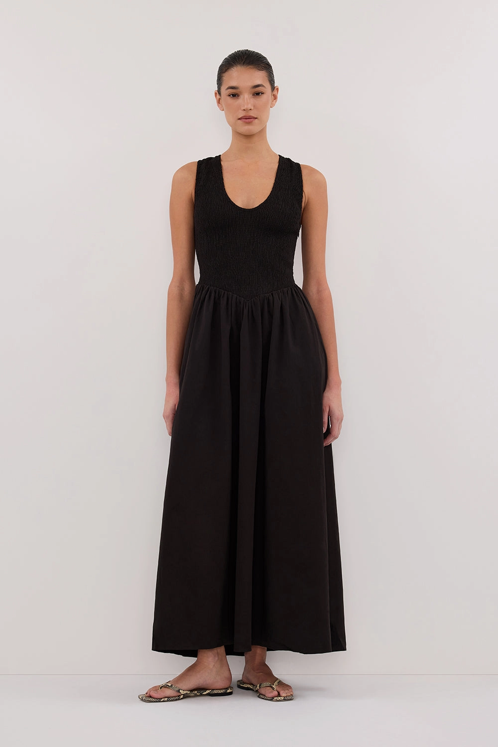 FLORENCE BLACK SLEEVELESS COTTON MIDI DRESS Flattering Shape Elegant Fabric