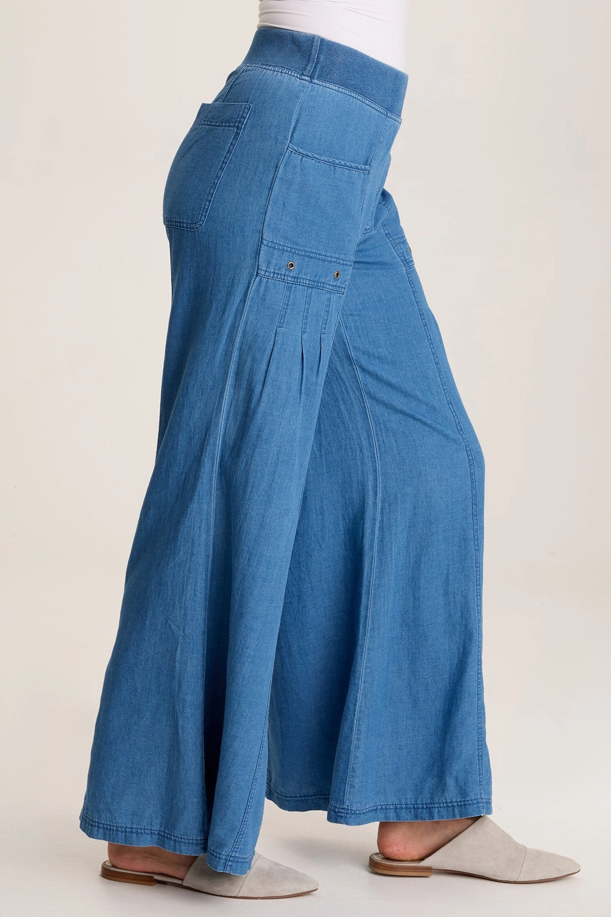 MultiPocket Flat Seams Florentine Mock-Denim Wide-Leg Pant