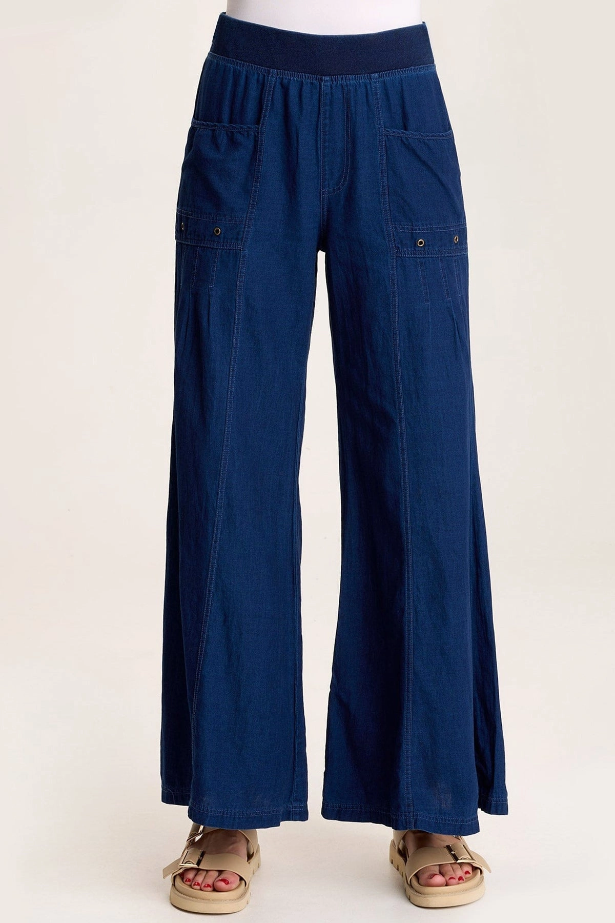Stylish Waistband Florentine Mock-Denim Wide-Leg Pant
