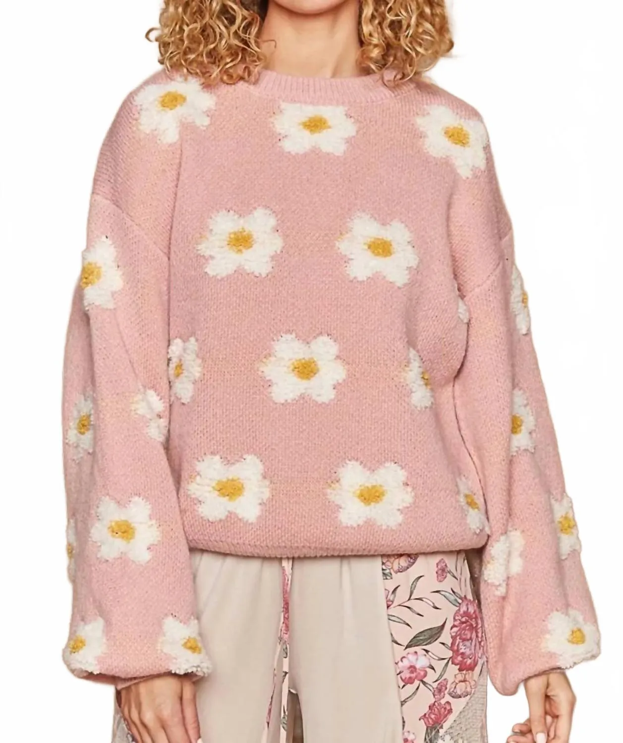 Vintage Wash Finish Flower Oversized Sweater In Pink