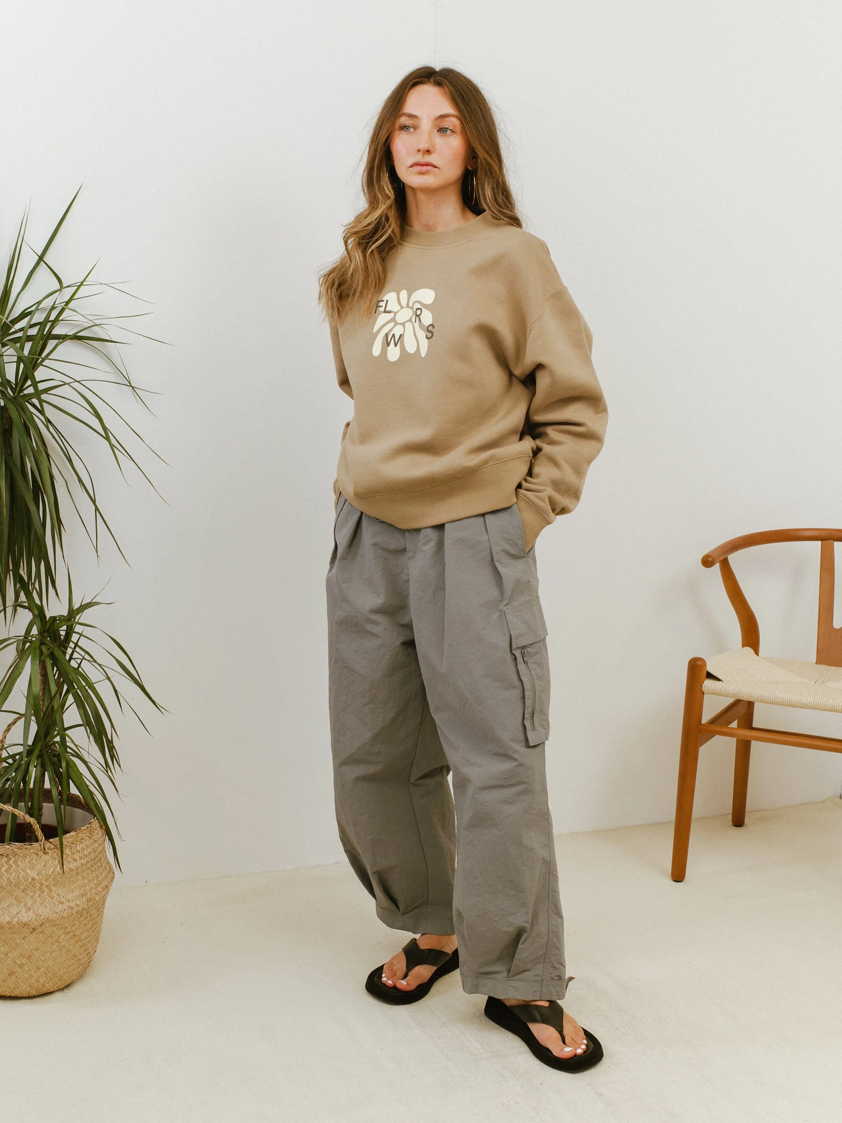 Cozy Style Wear Durable Fabric FLWRS Relaxed Crew Neck Sweater - Sand
