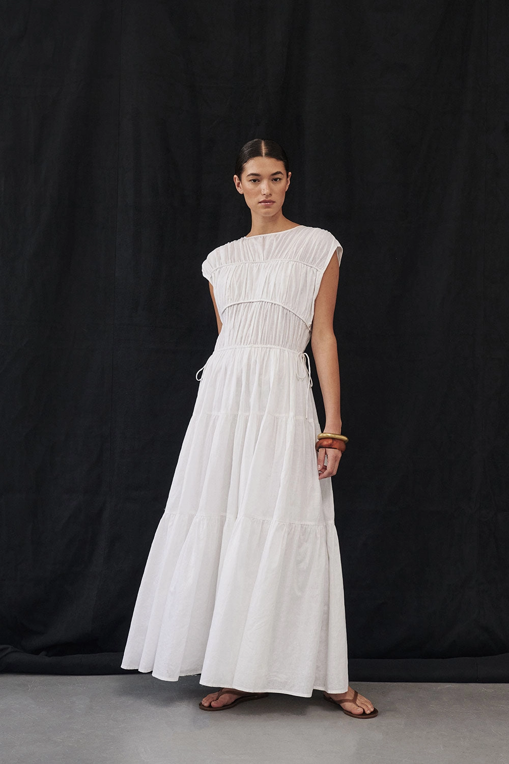 FLYNN WHITE LINEN BLEND MIDI DRESS Versatile Look Compressible