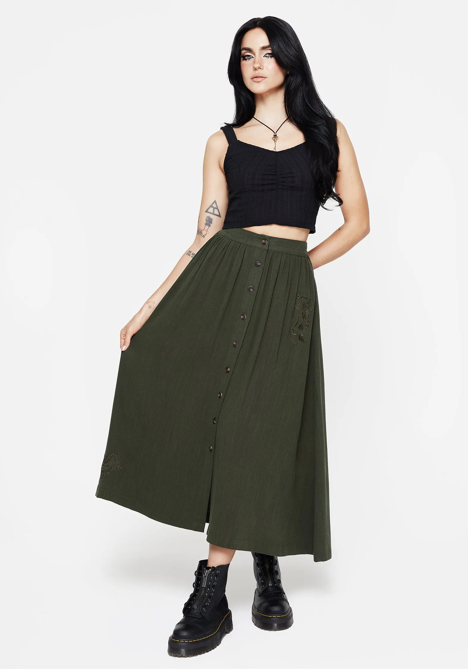 Opaque finish Foliate Linen-Blend Embroidered Button Up Midaxi Skirt - Green