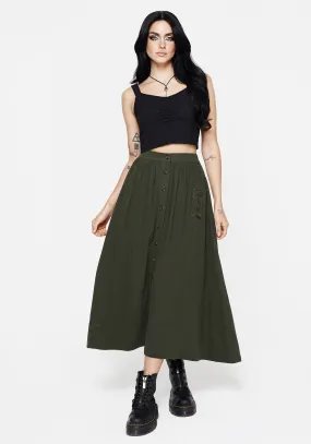 Foliate Linen-Blend Embroidered Button Up Midaxi Skirt - Green Luxury Trim