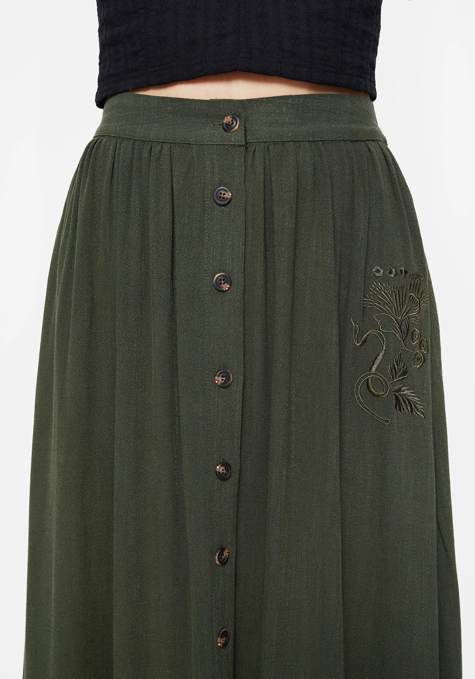 Foliate Linen-Blend Embroidered Button Up Midaxi Skirt - Green Performance Outfit