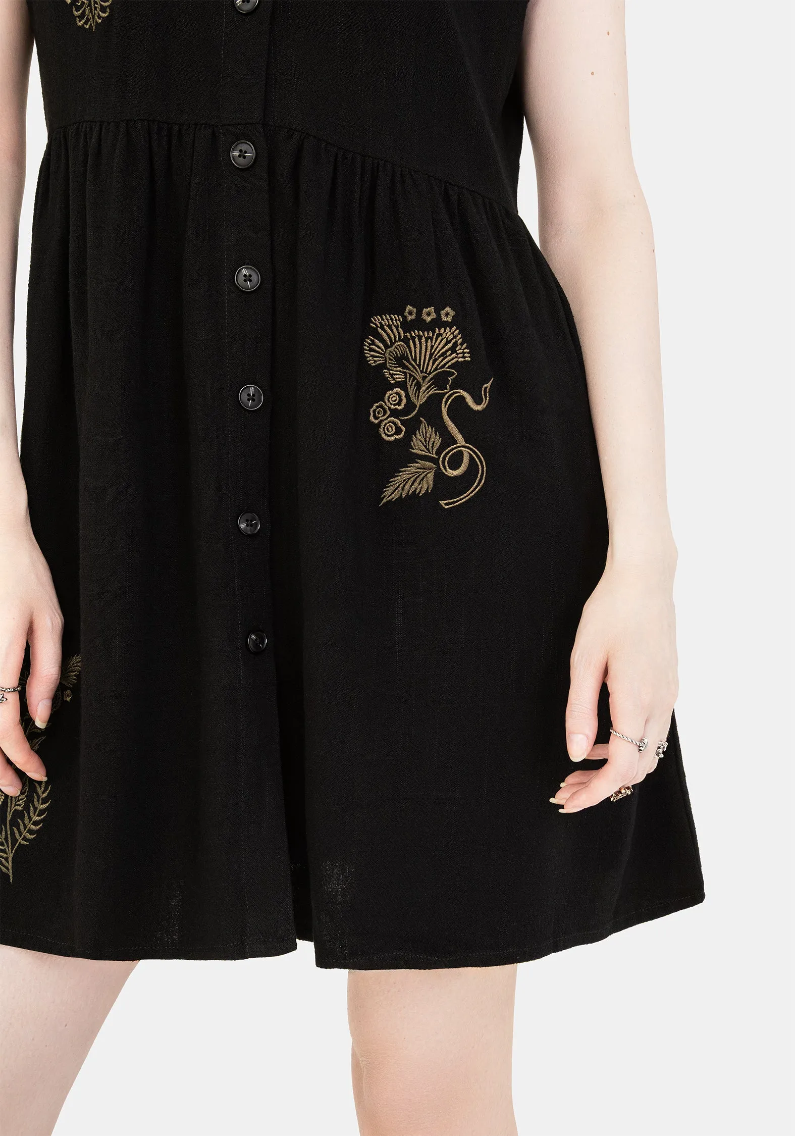 Perfectly Fitted Foliate Linen-Blend Embroidered Button Up Mini Dress - Black