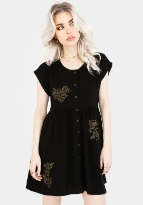 Foliate Linen-Blend Embroidered Button Up Mini Dress - Black Flattering Shape Grace Flow