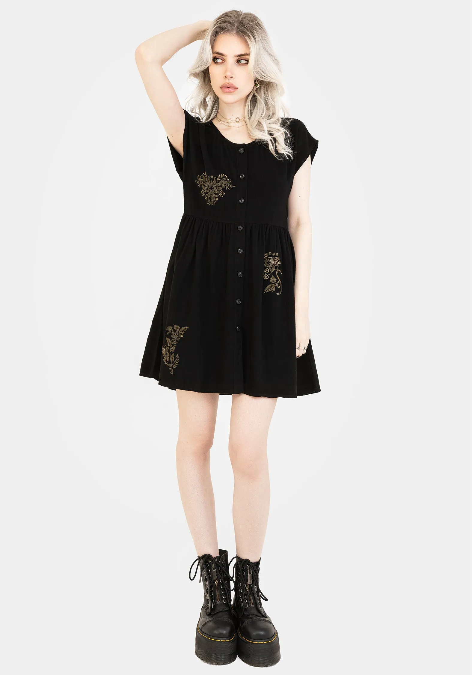 Fresh Look Vibrant Look Foliate Linen-Blend Embroidered Button Up Mini Dress - Black
