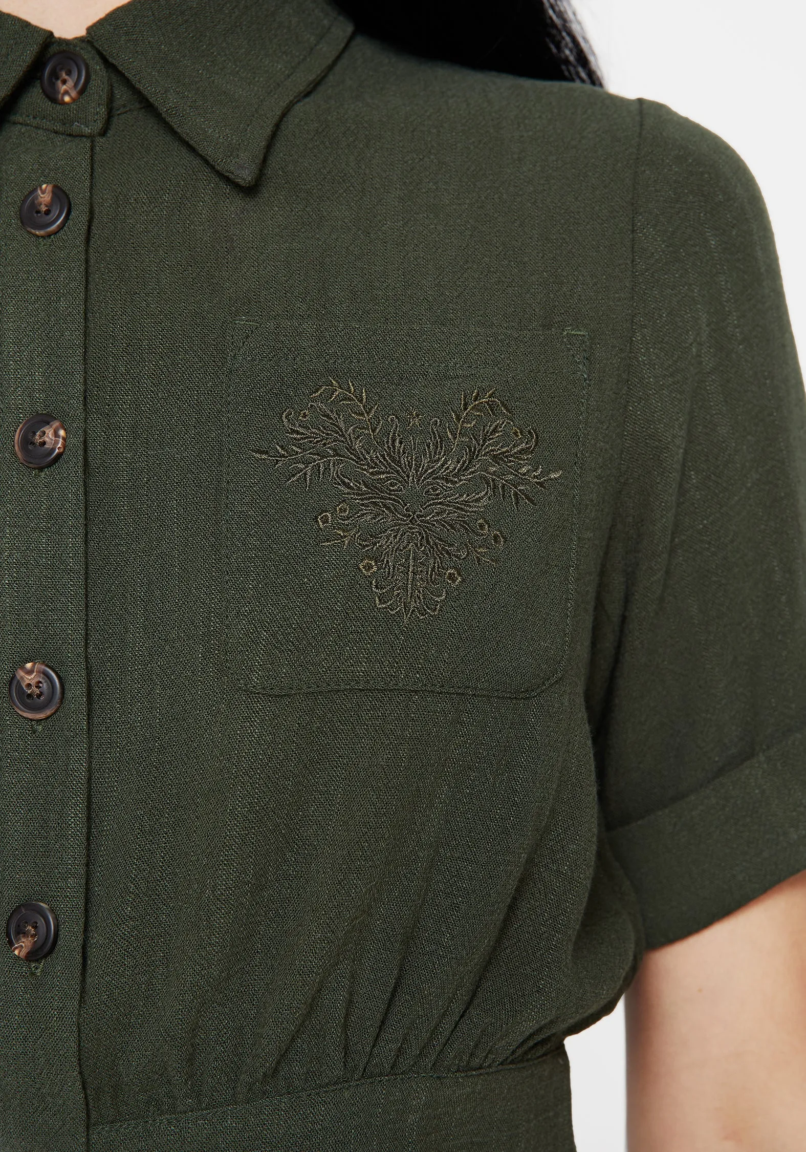 Foliate Linen-Blend Embroidered Short Sleeve Crop Shirt - Green Versatile Outfit Edgy style