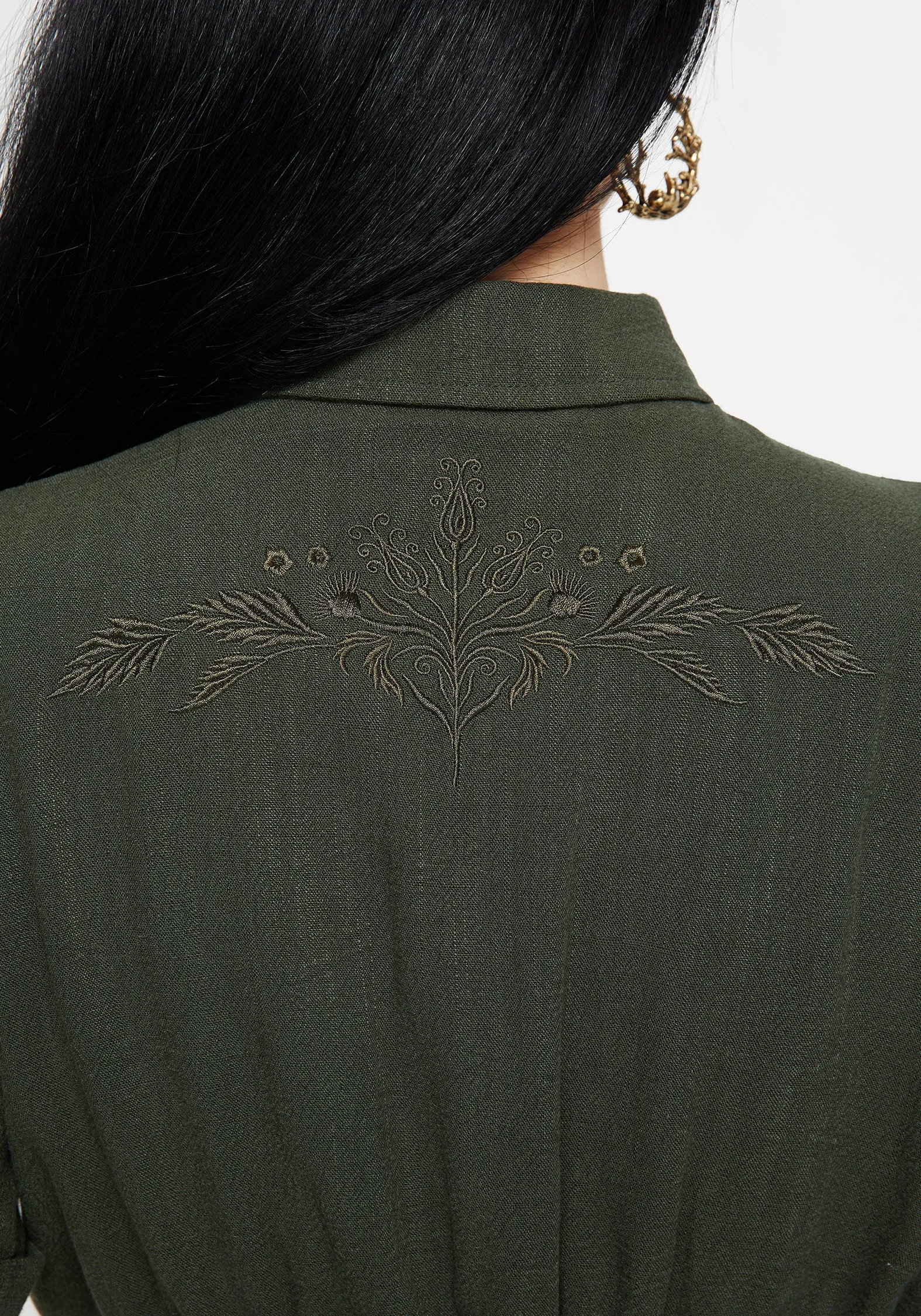 Lightweight Layer Quick Release Cuffs Foliate Linen-Blend Embroidered Short Sleeve Crop Shirt - Green
