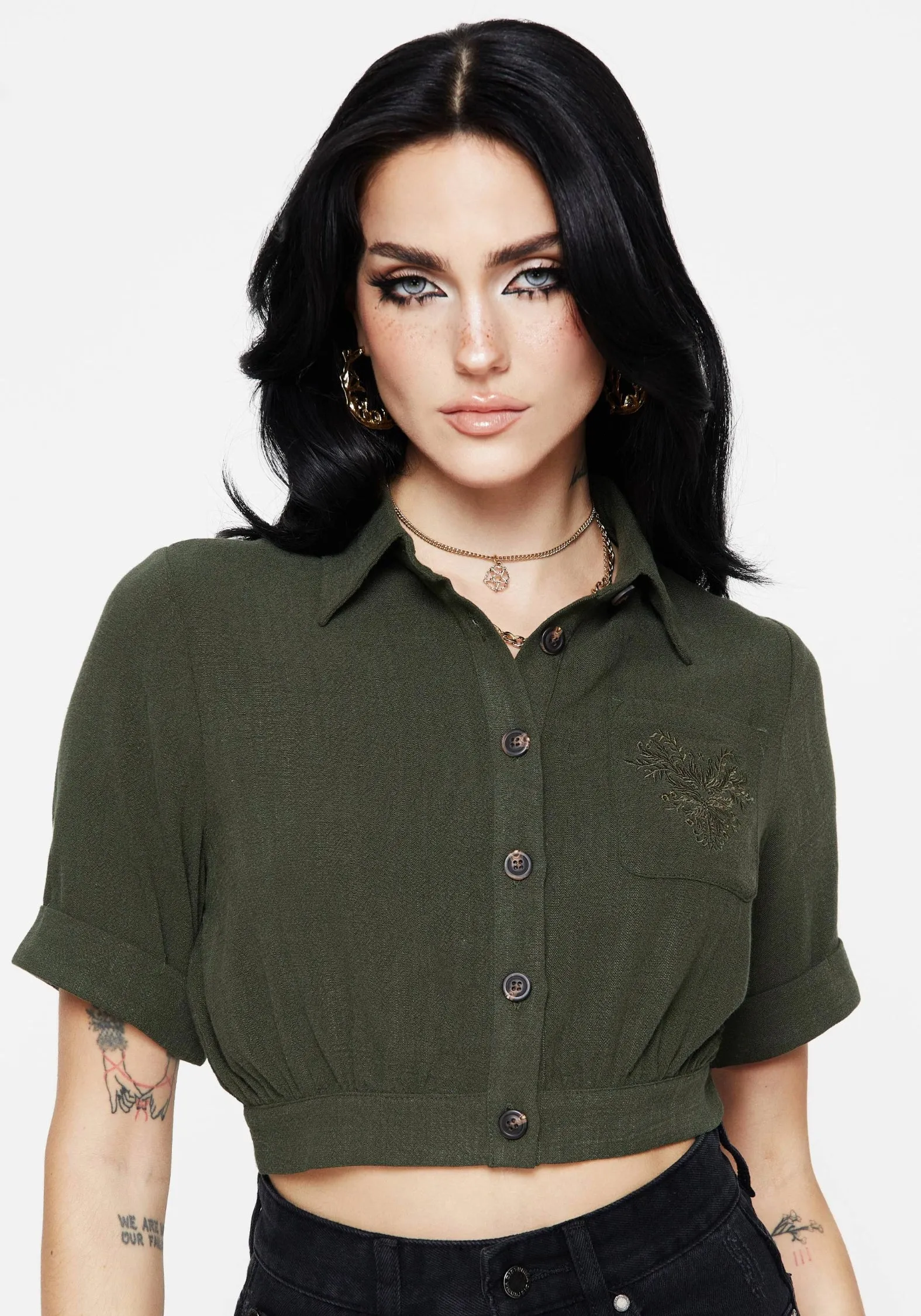 Foliate Linen-Blend Embroidered Short Sleeve Crop Shirt - Green Wrinkle Free Care Durable Material
