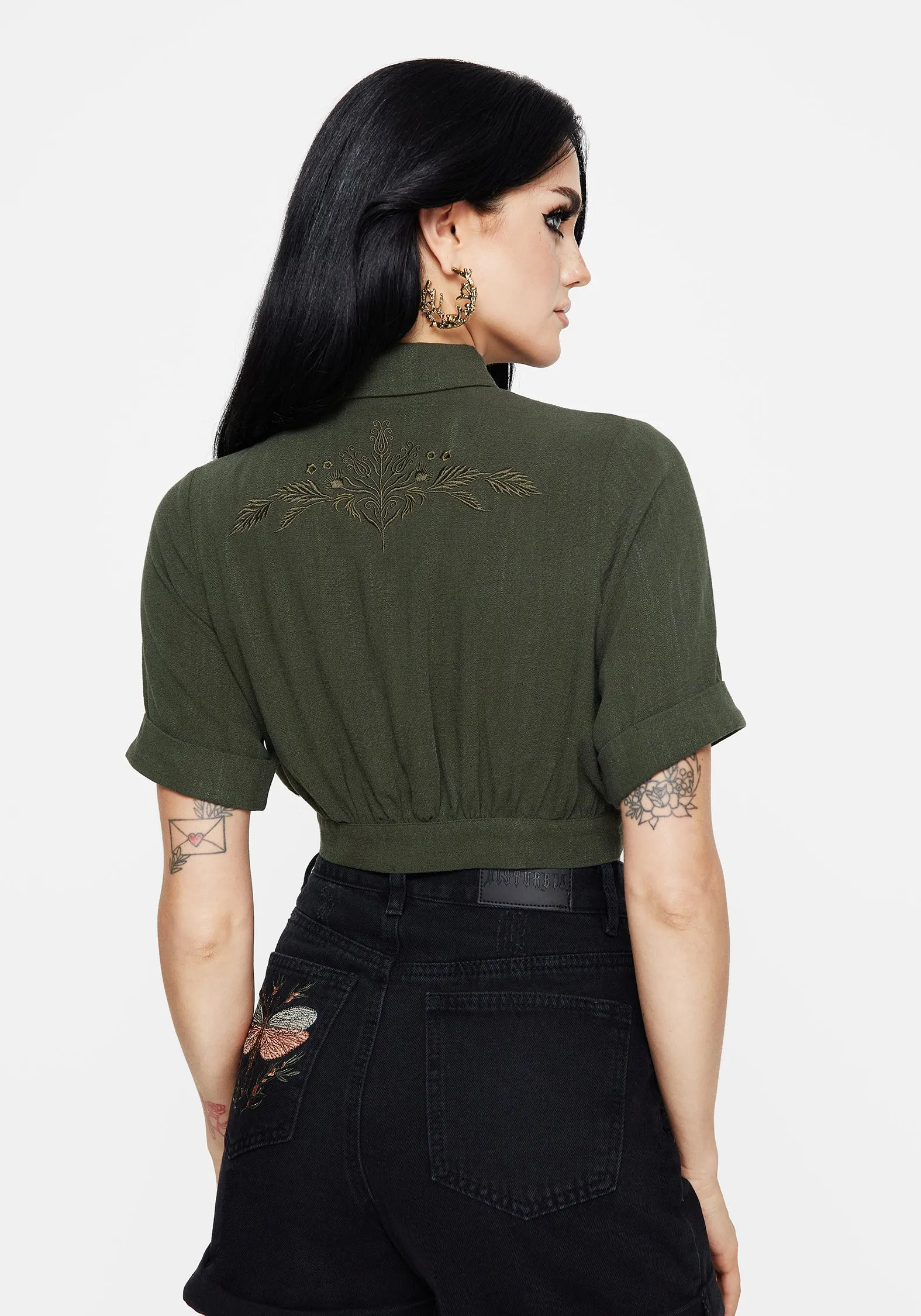 Pastel Shade Wrinkle-Resistant Foliate Linen-Blend Embroidered Short Sleeve Crop Shirt - Green