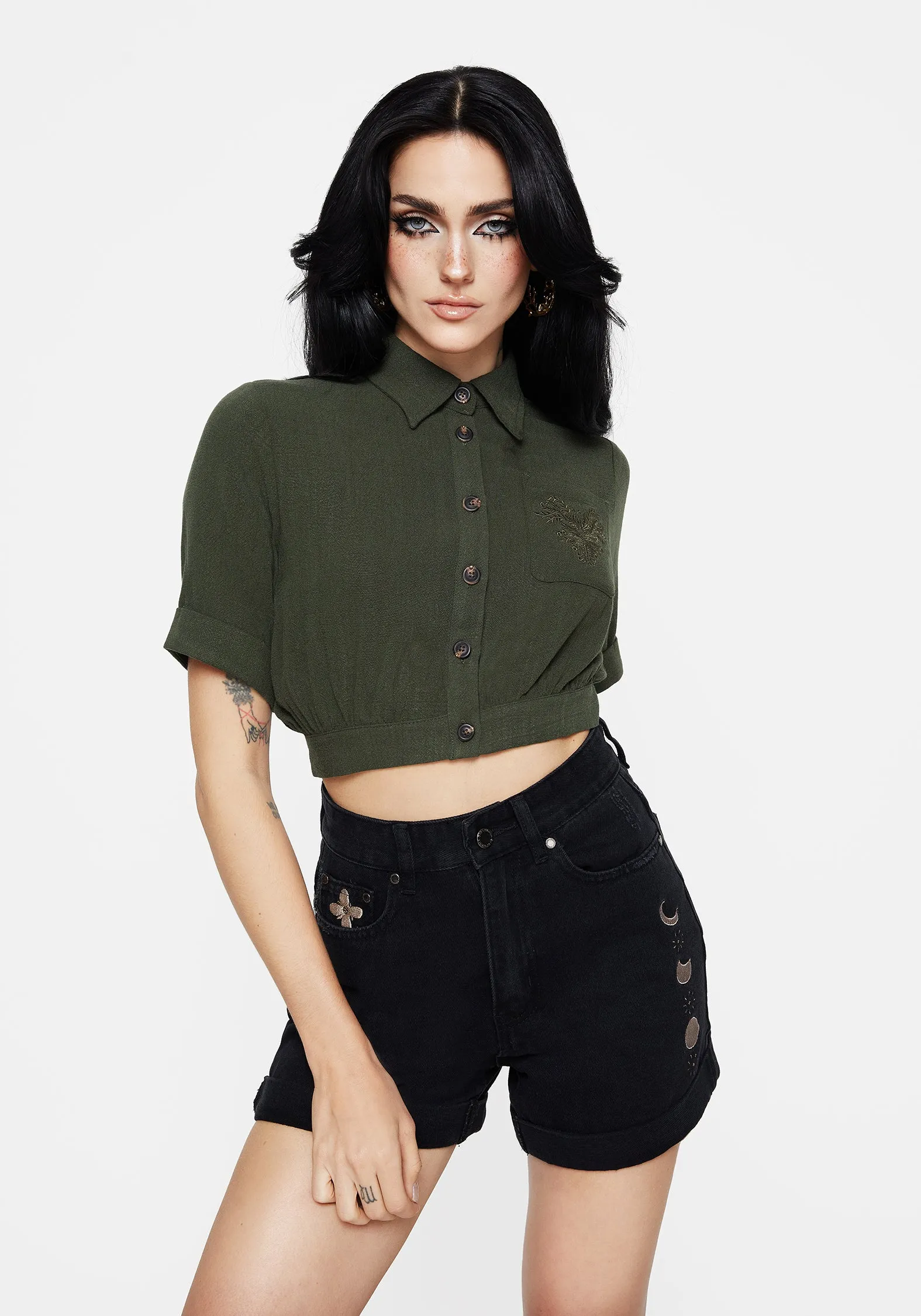 All-Weather Ready Foliate Linen-Blend Embroidered Short Sleeve Crop Shirt - Green