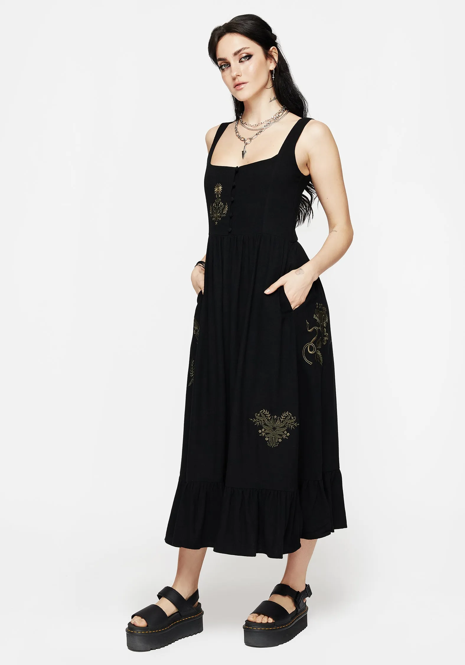 Foliate Linen-Blend Embroidered Sleeveless Midi Dress - Black Urban Cool