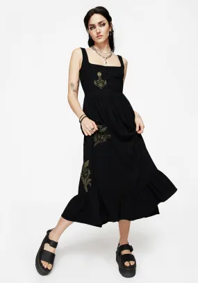 Foliate Linen-Blend Embroidered Sleeveless Midi Dress - Black High Cut Stain-Guard-Finish