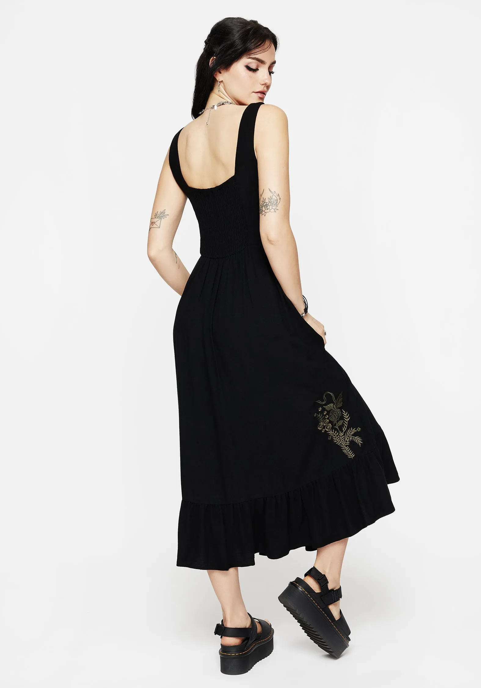 Foliate Linen-Blend Embroidered Sleeveless Midi Dress - Black Charming Fit