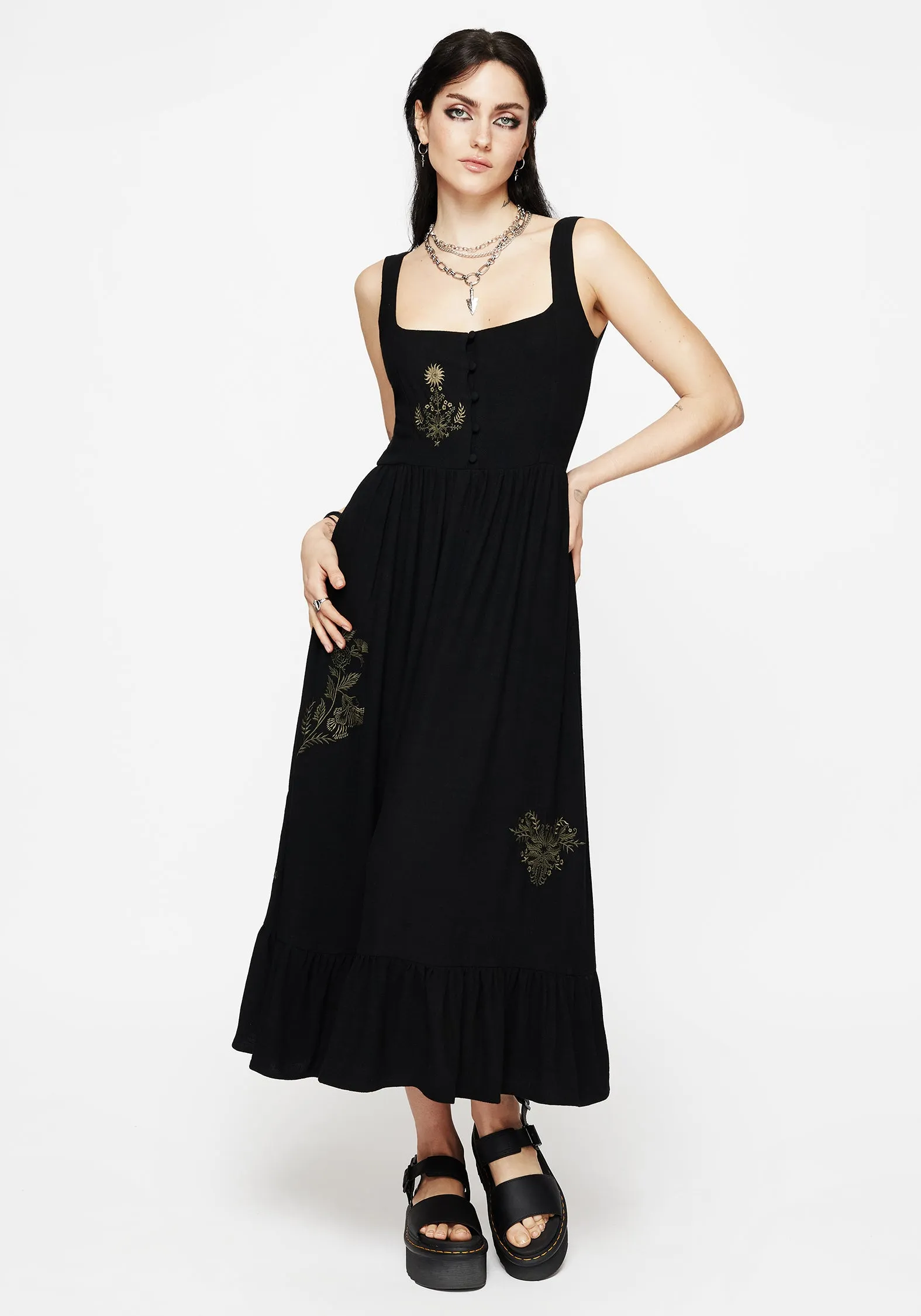 Foliate Linen-Blend Embroidered Sleeveless Midi Dress - Black Modern Layers