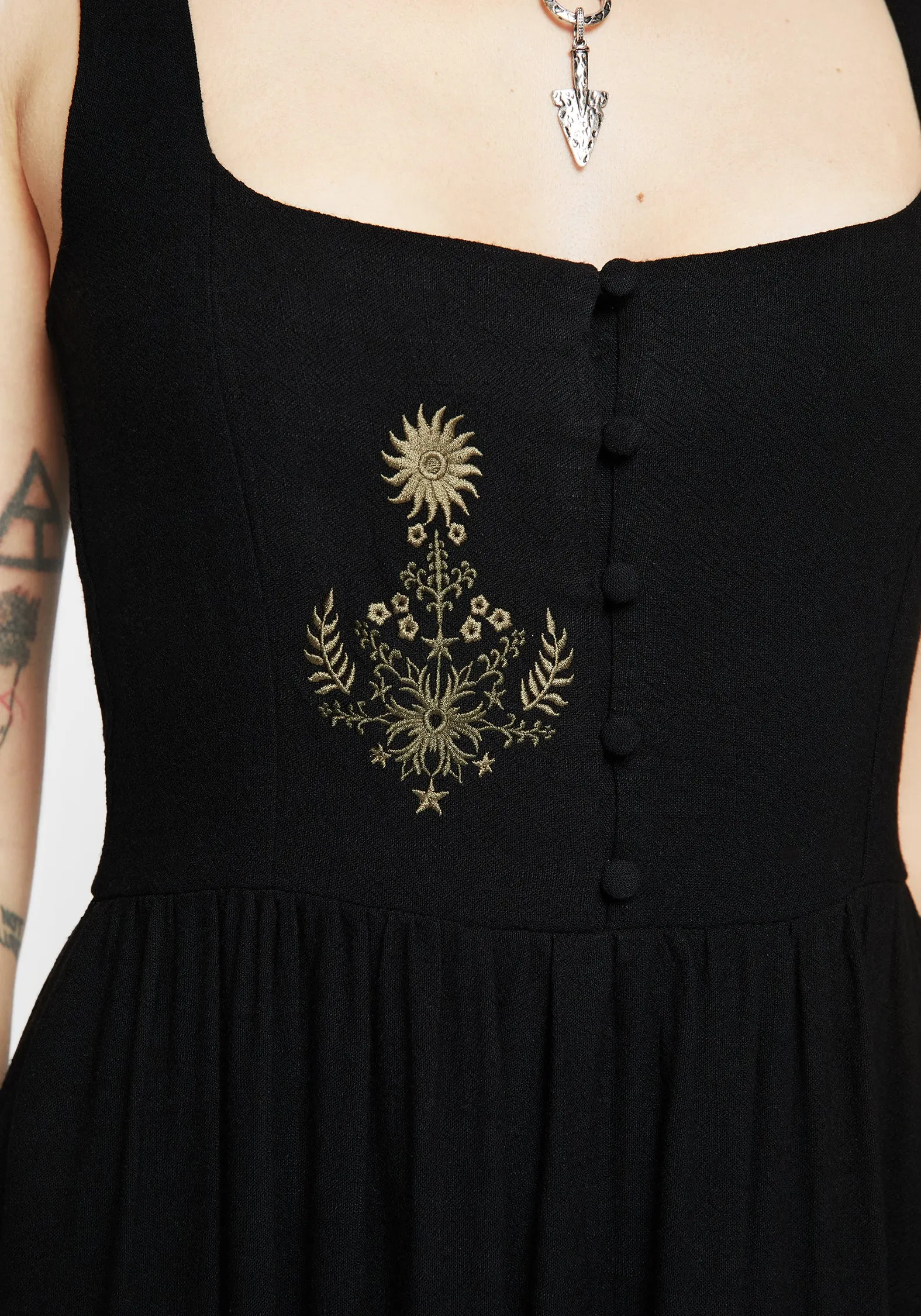 Foliate Linen-Blend Embroidered Sleeveless Midi Dress - Black Heritage-Brand Fluid movement