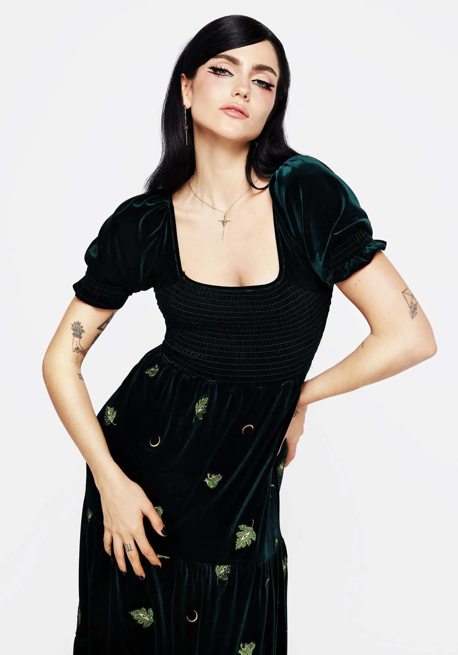 Timeless Layer Swamplife Frog Embroidered Velour Tiered Midi Dress