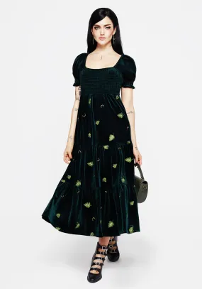 Swamplife Frog Embroidered Velour Tiered Midi Dress Chilly Weather Wear