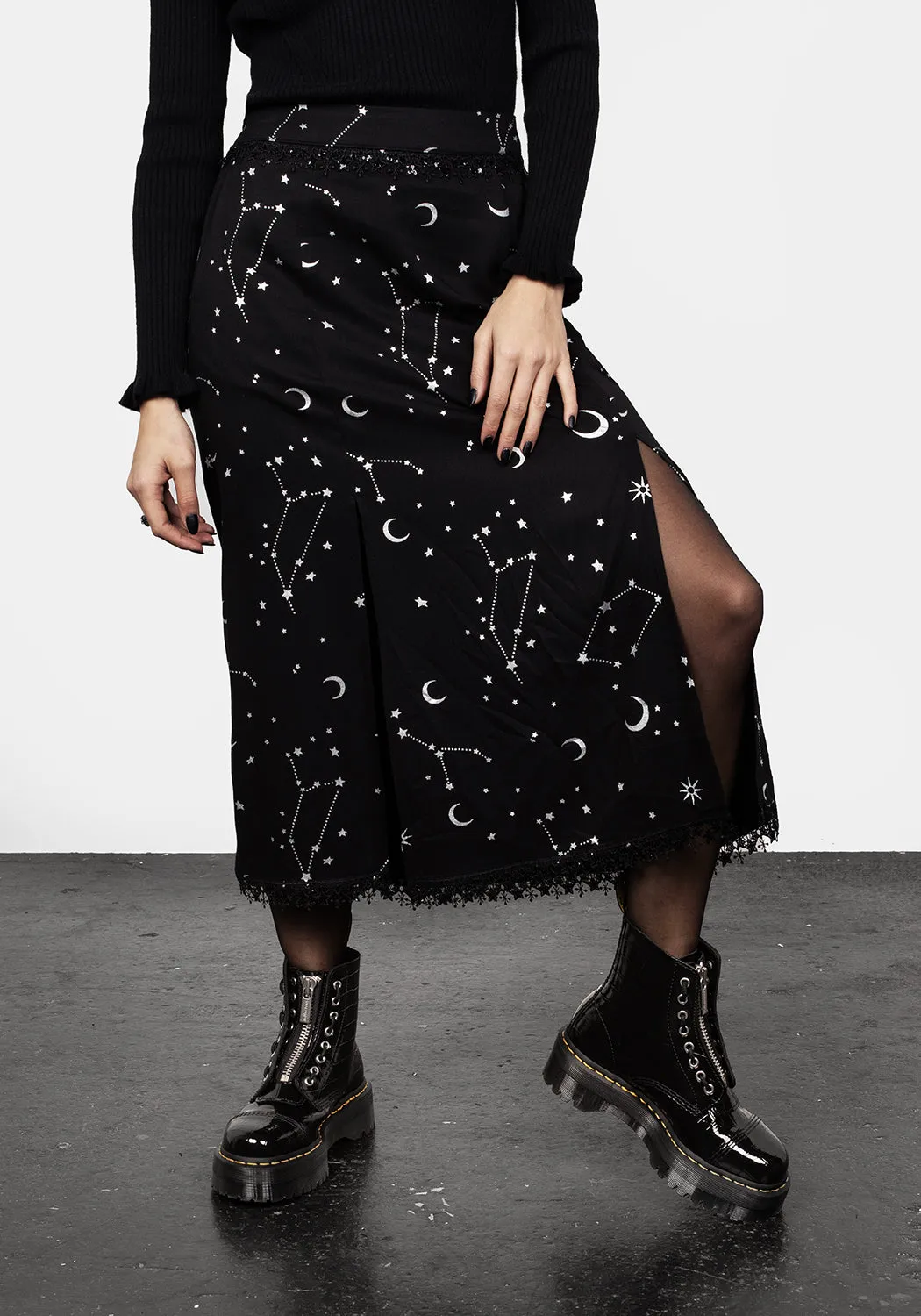 Easy Fashion Silver Celestial Print Double Split Skirt