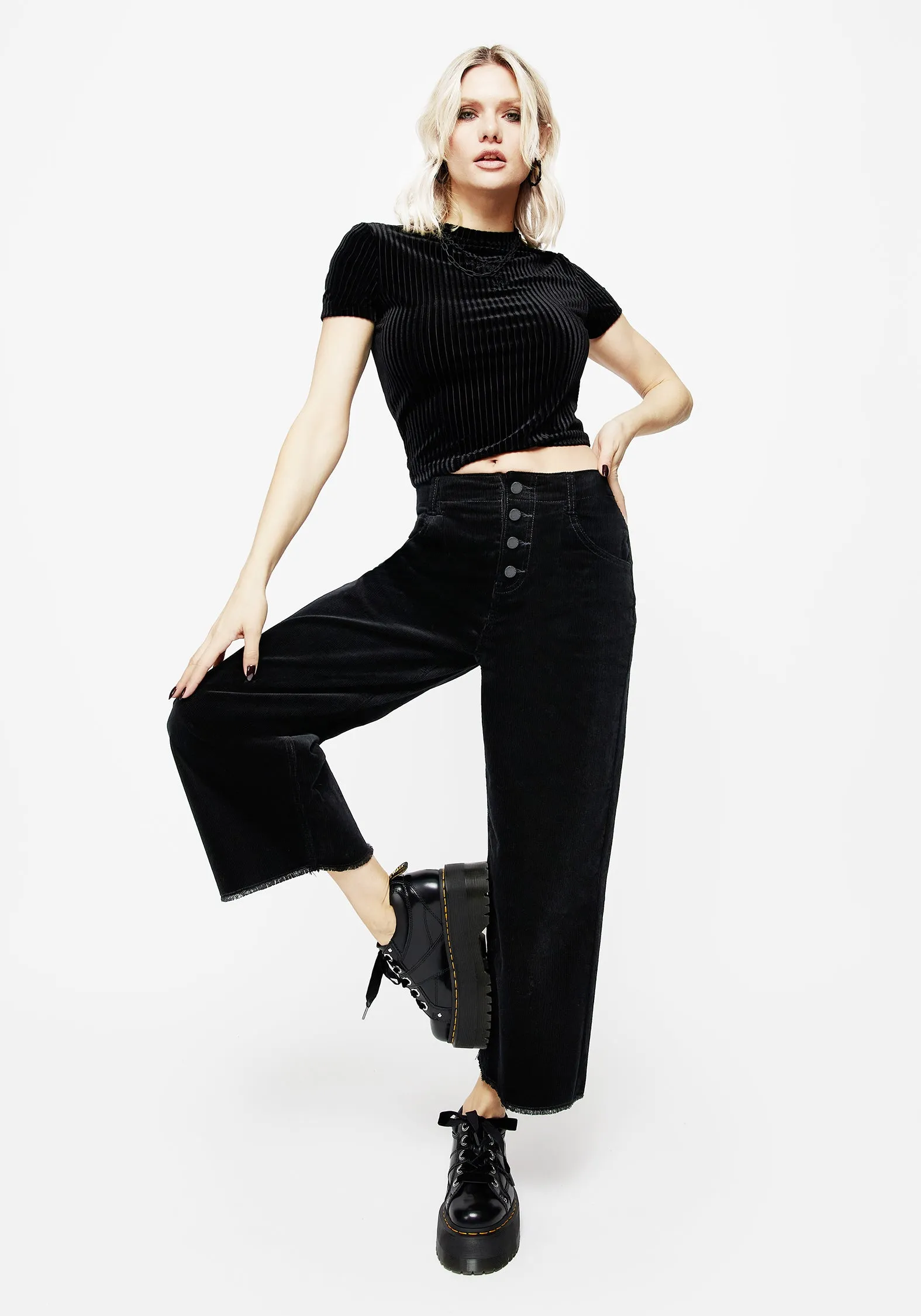 Decorative stitching Foster Wide Leg Cord Crop Jeans - Black
