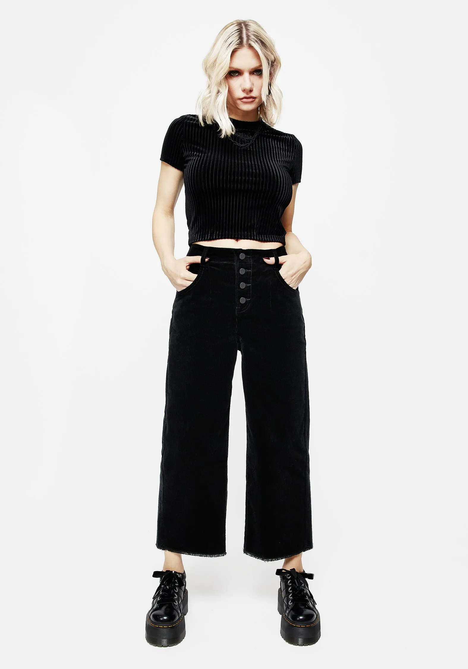 Foster Wide Leg Cord Crop Jeans - Black Casual Performance Wear Simple Cut