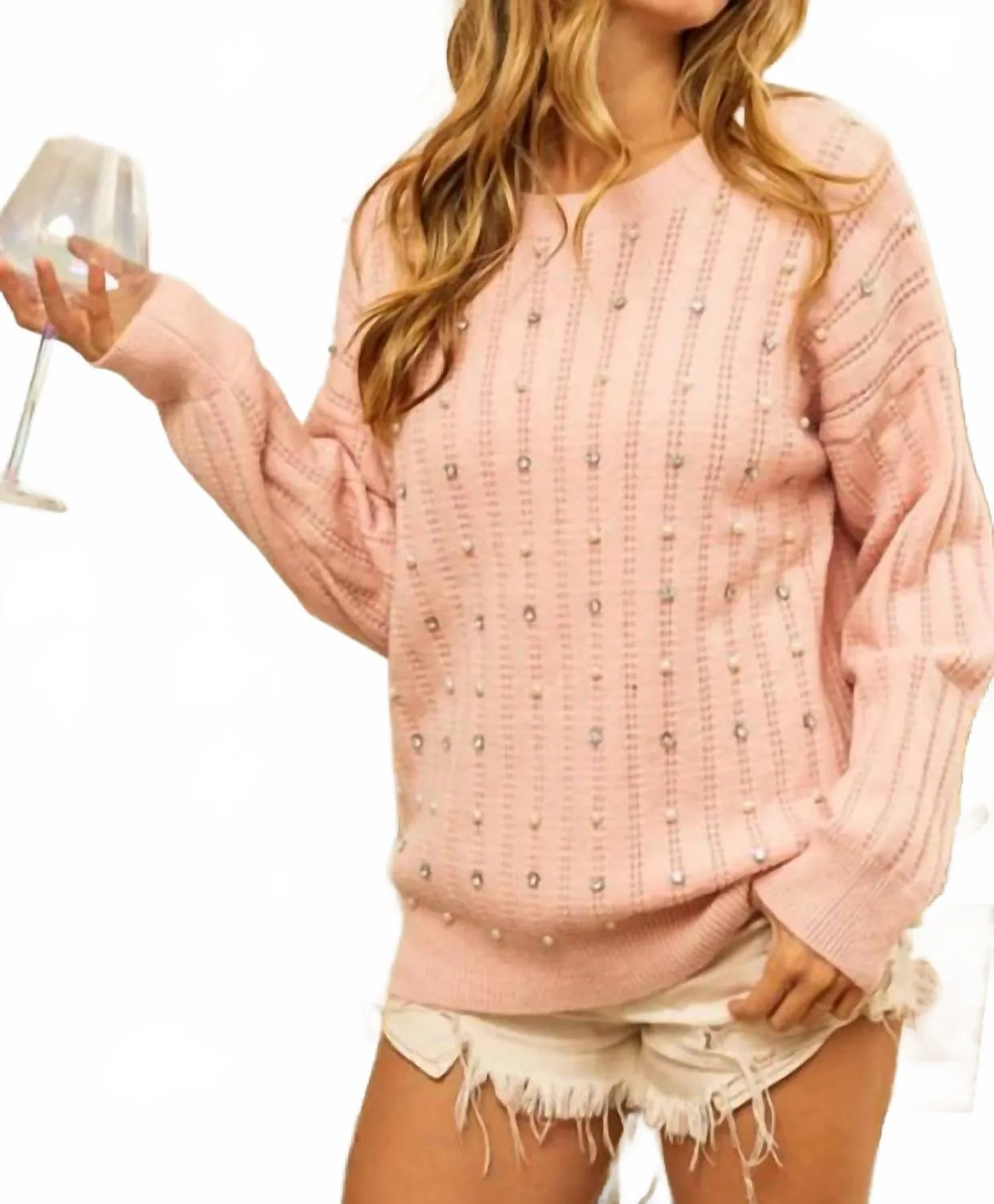 Essential Layering Layered Wearable Pearl Rhinestone Pointelle Sweater In Blush