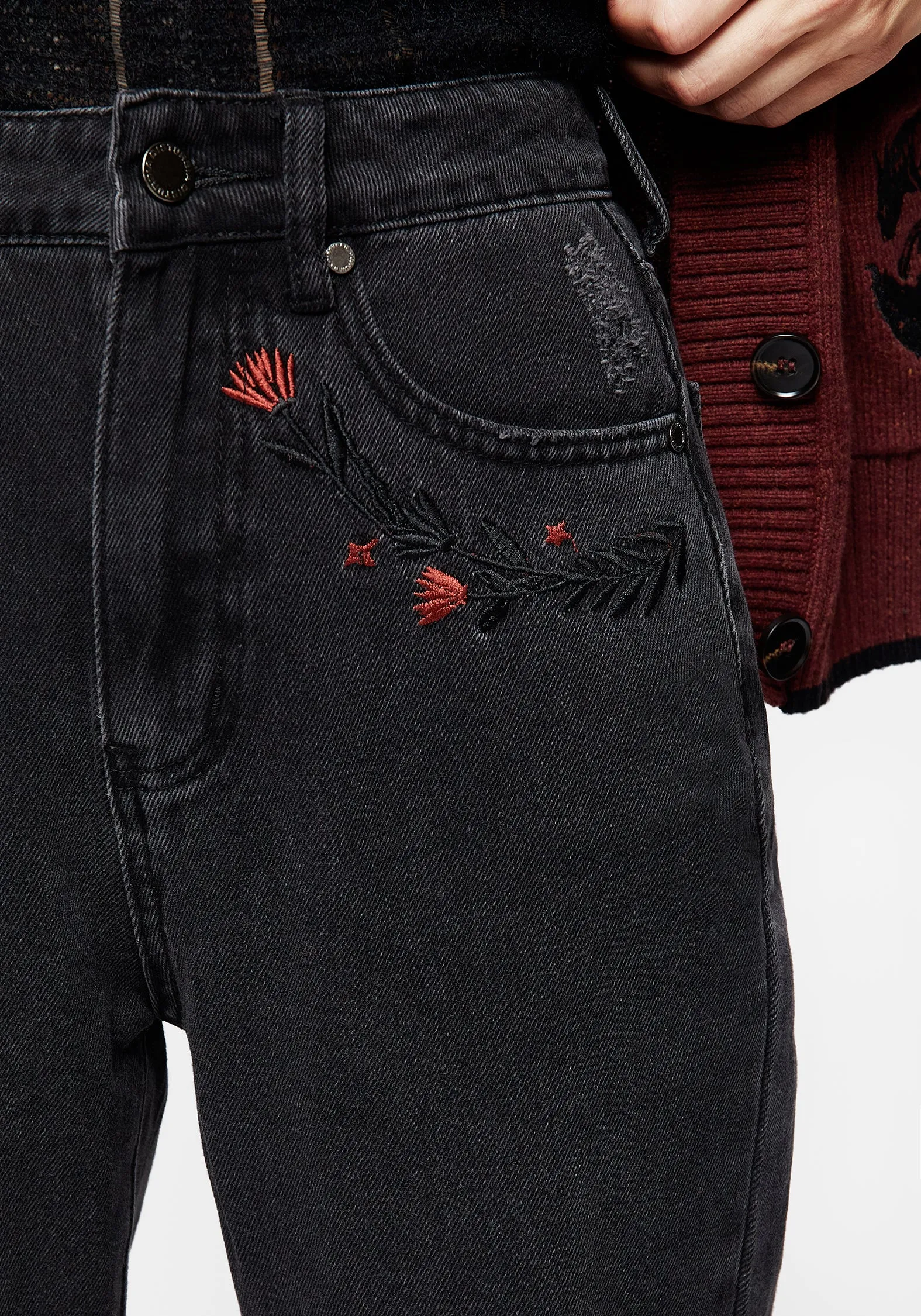Foxfire Embroidered Distressed Mom Jeans Comfortable Outfit Breathable fabric