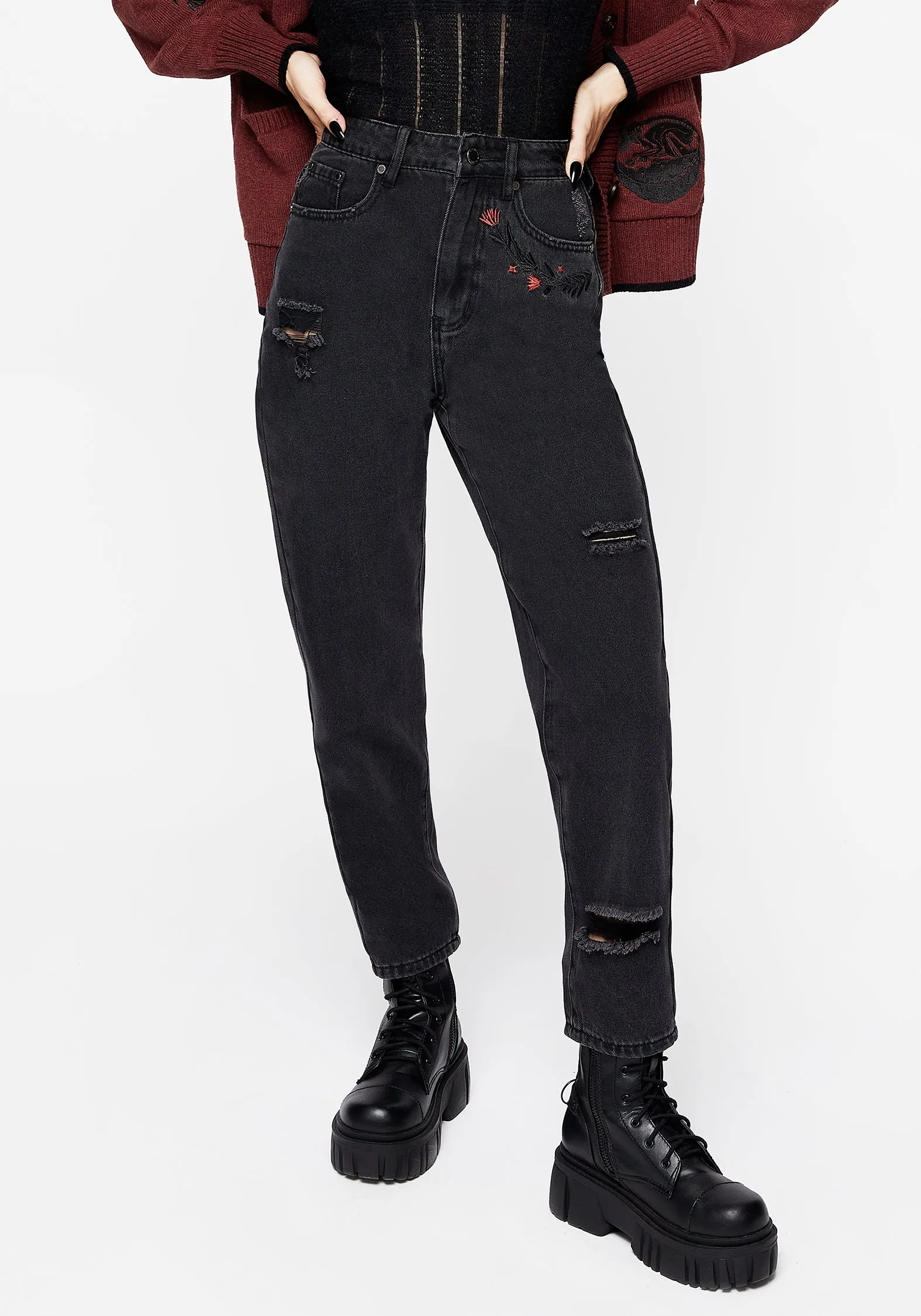 Reliable Basic Foxfire Embroidered Distressed Mom Jeans
