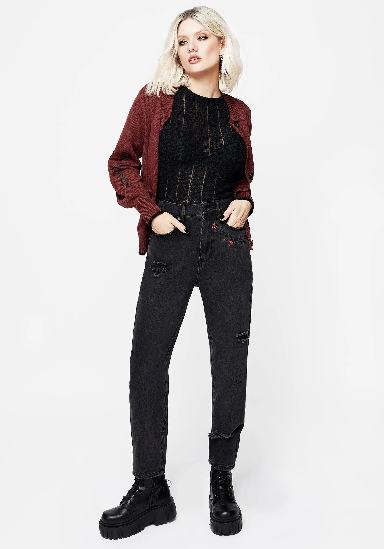 Foxfire Embroidered Distressed Mom Jeans Chill Outfit Spring Mood Youth Style Stylish Road Trip