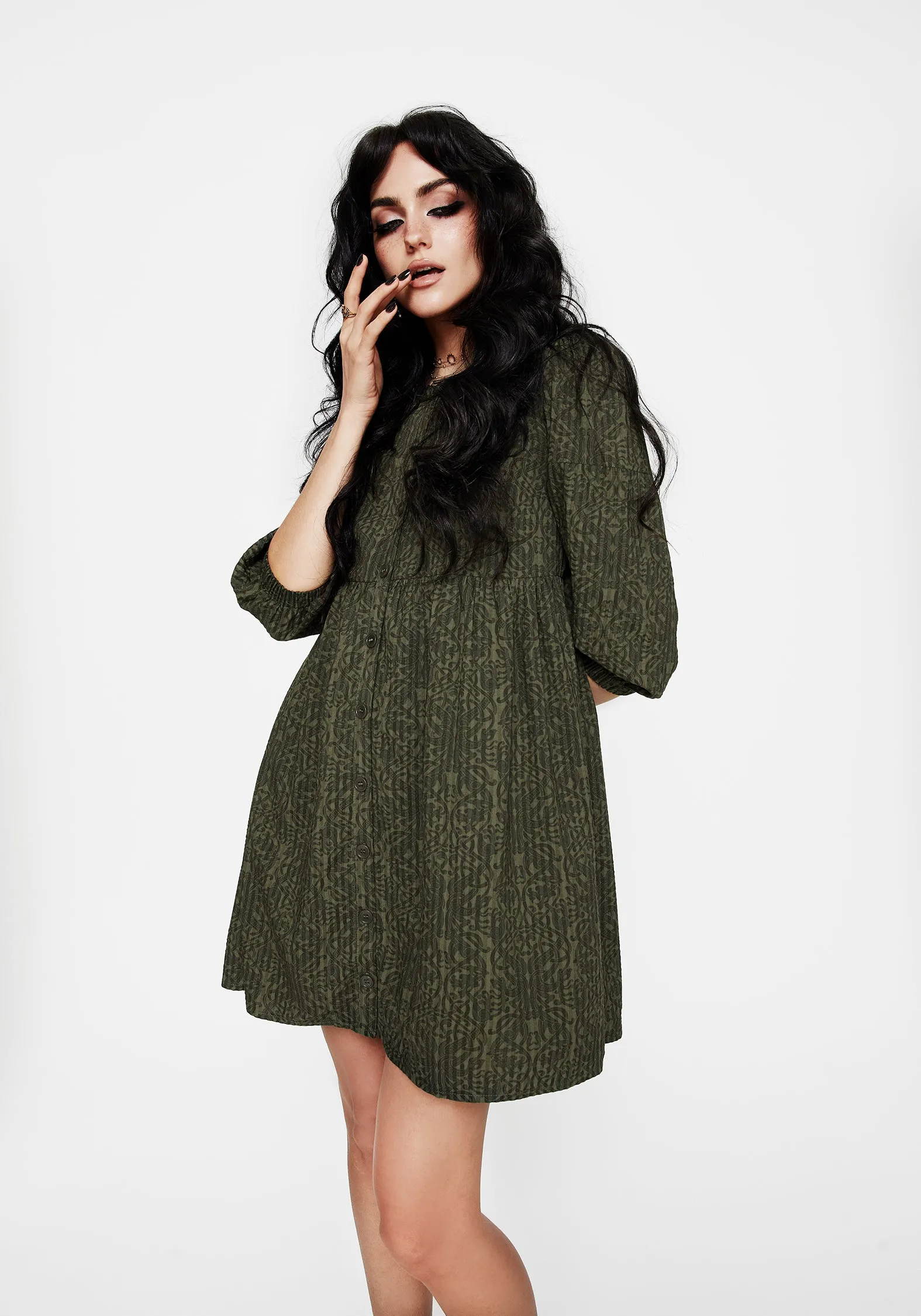 Smooth Tone Cozy Silhouette Francesca Dragon Printed Button Up Smock Mini Dress