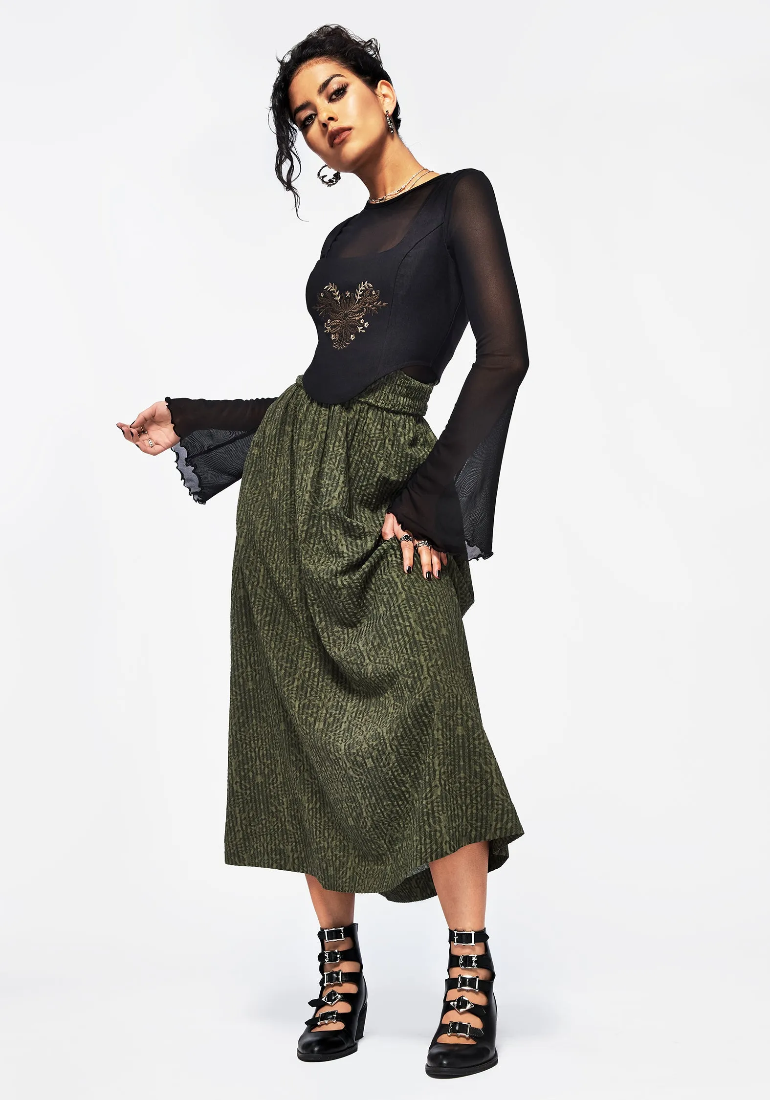 Francesca Dragon Printed Midaxi Skirt Visual Outfit Semi Sheer