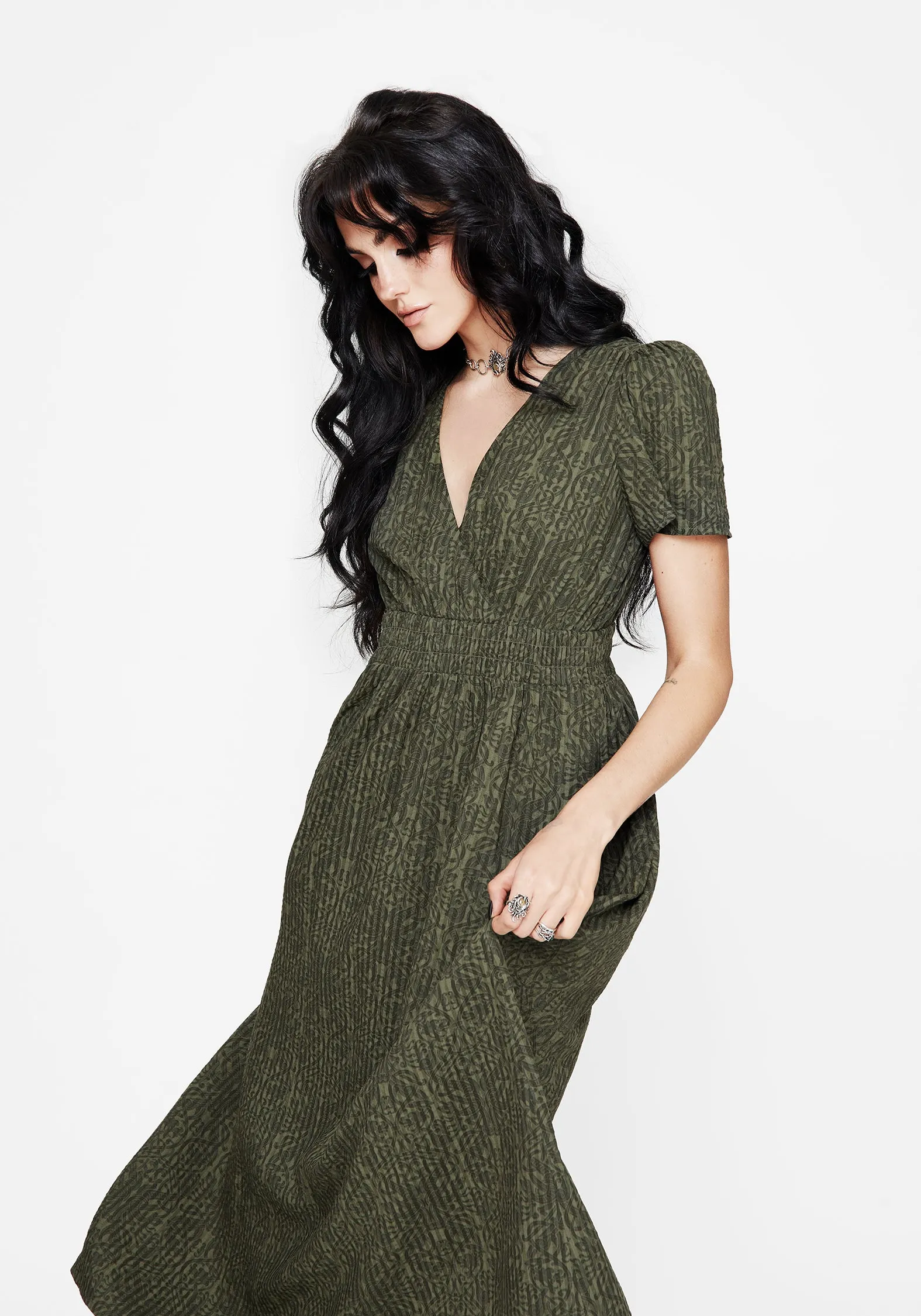 Francesca Dragon Printed Wrap Over Midaxi Dress Wide Swing Smooth Layering