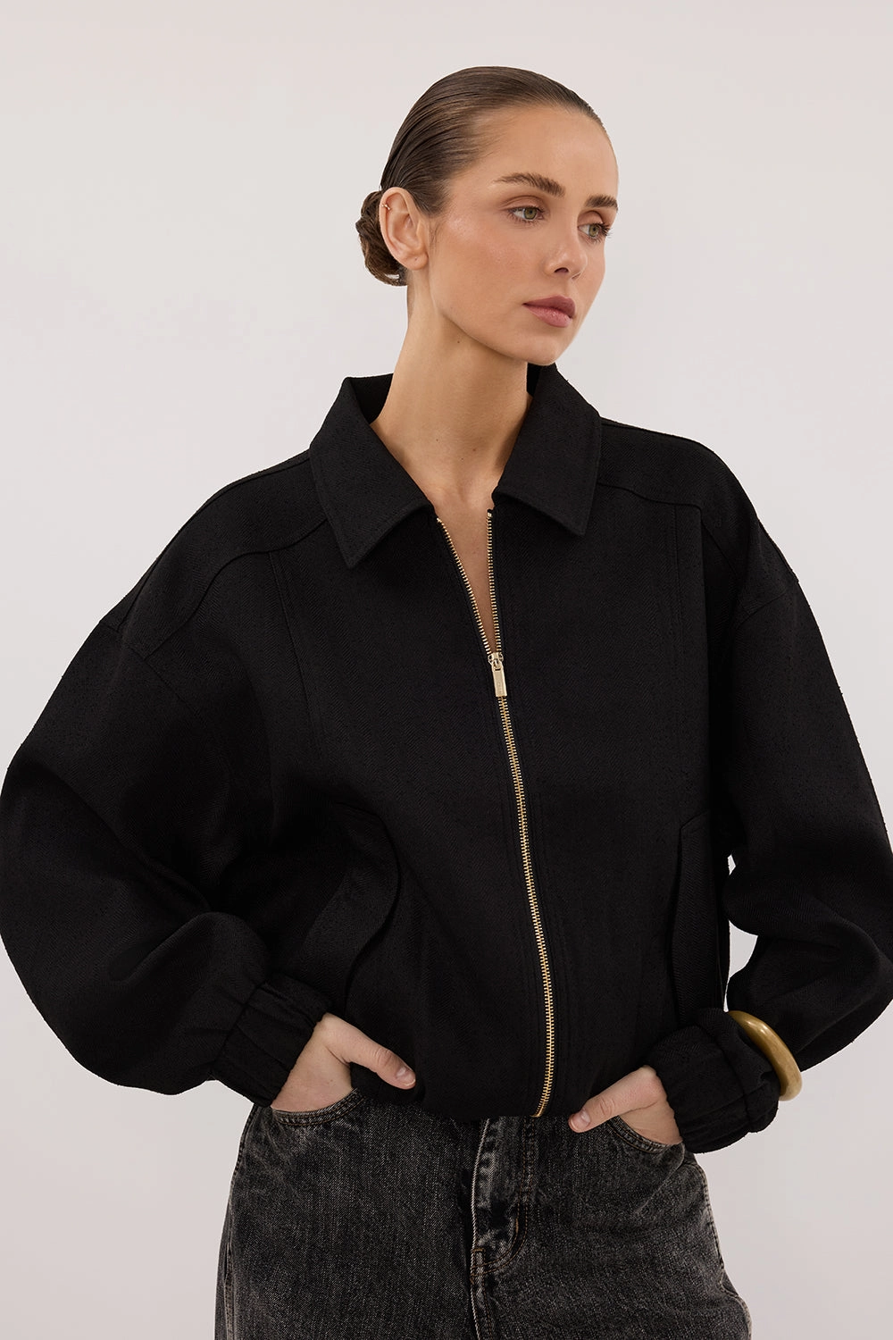 FRANKIE BLACK TWEED BOMBER JACKET Biodegradable Fiber Option