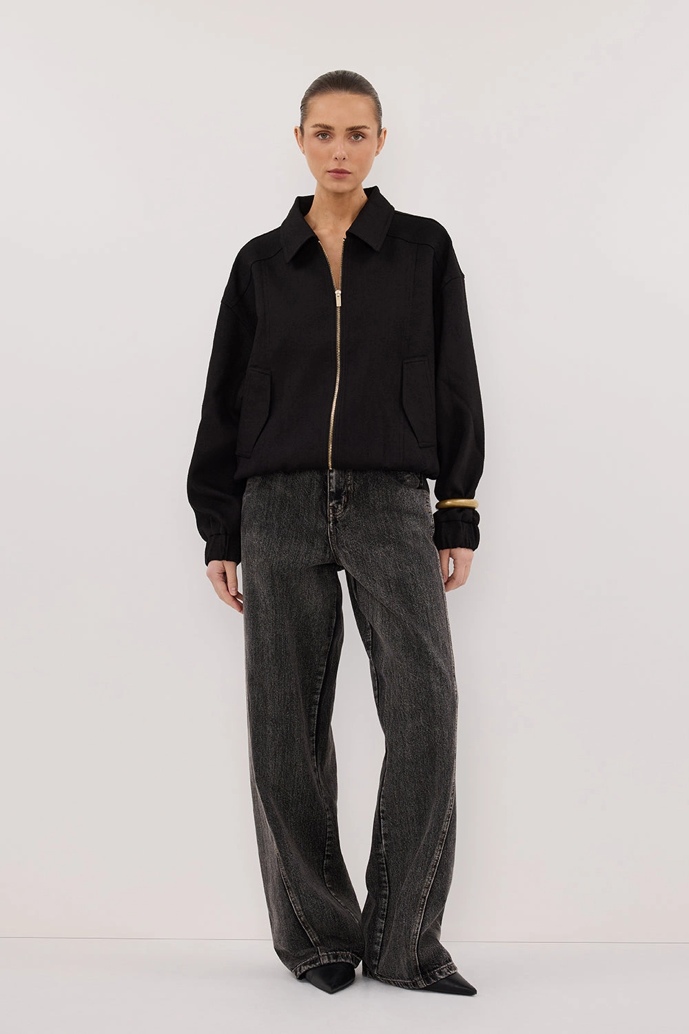 Chilly Days Reinforced Shoulder Seams FRANKIE BLACK TWEED BOMBER JACKET