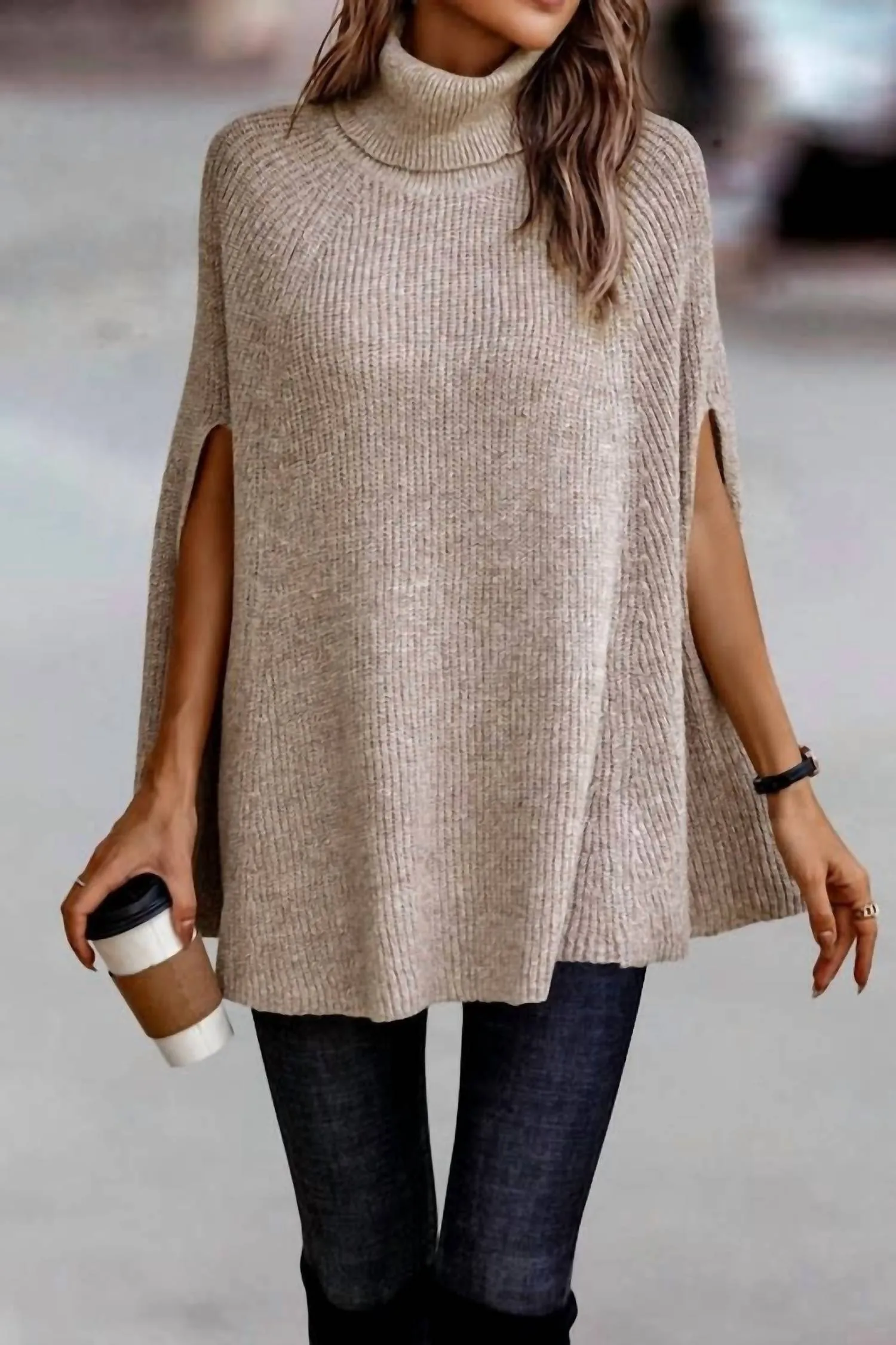 Winter Wearable Machine Washable Design Roll Neck Knit Solid Lose Fit Sweater In Beige