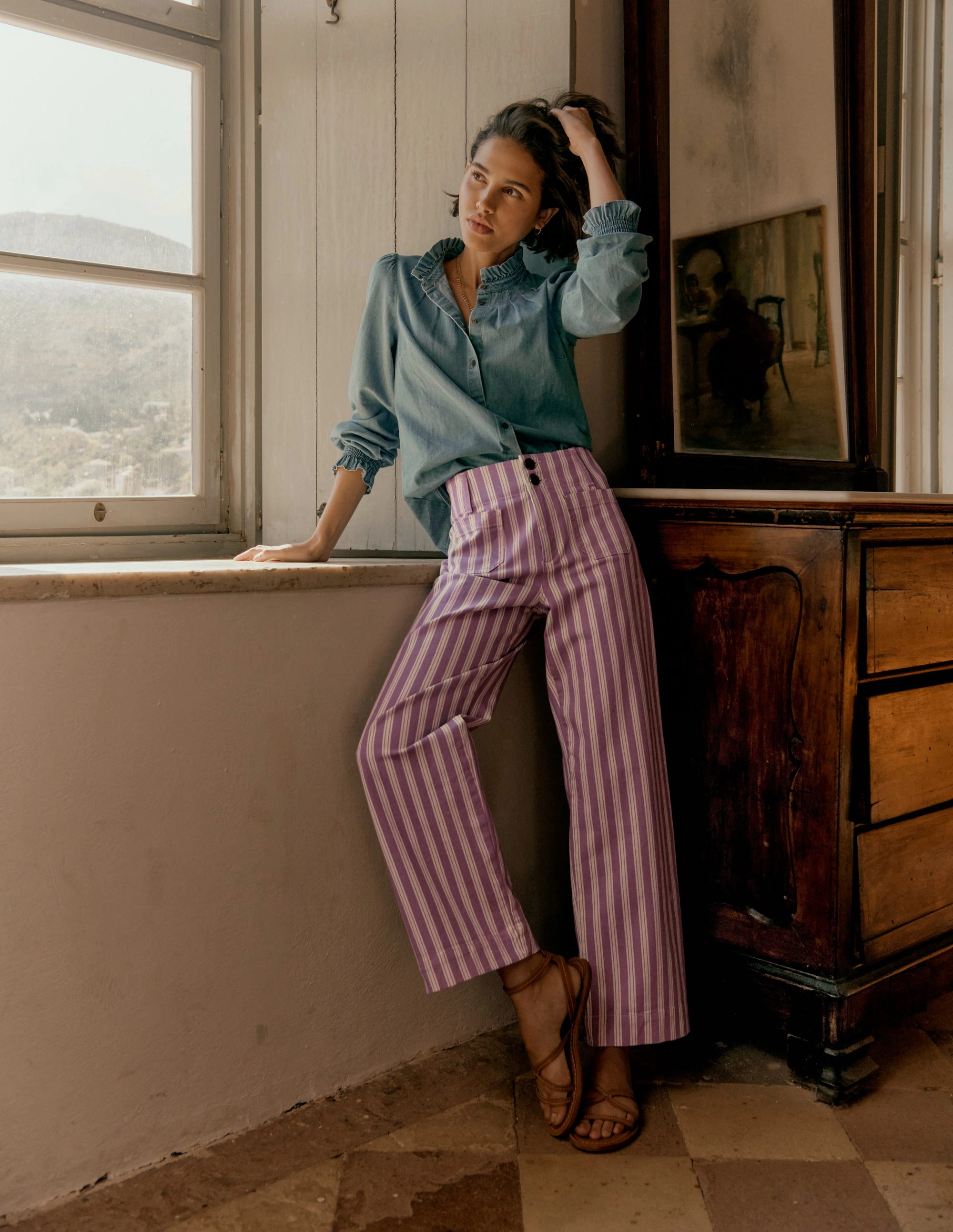 Primrose Patch Pocket Trousers-Lilac Tram Stripe Low-rise style Flexible Design
