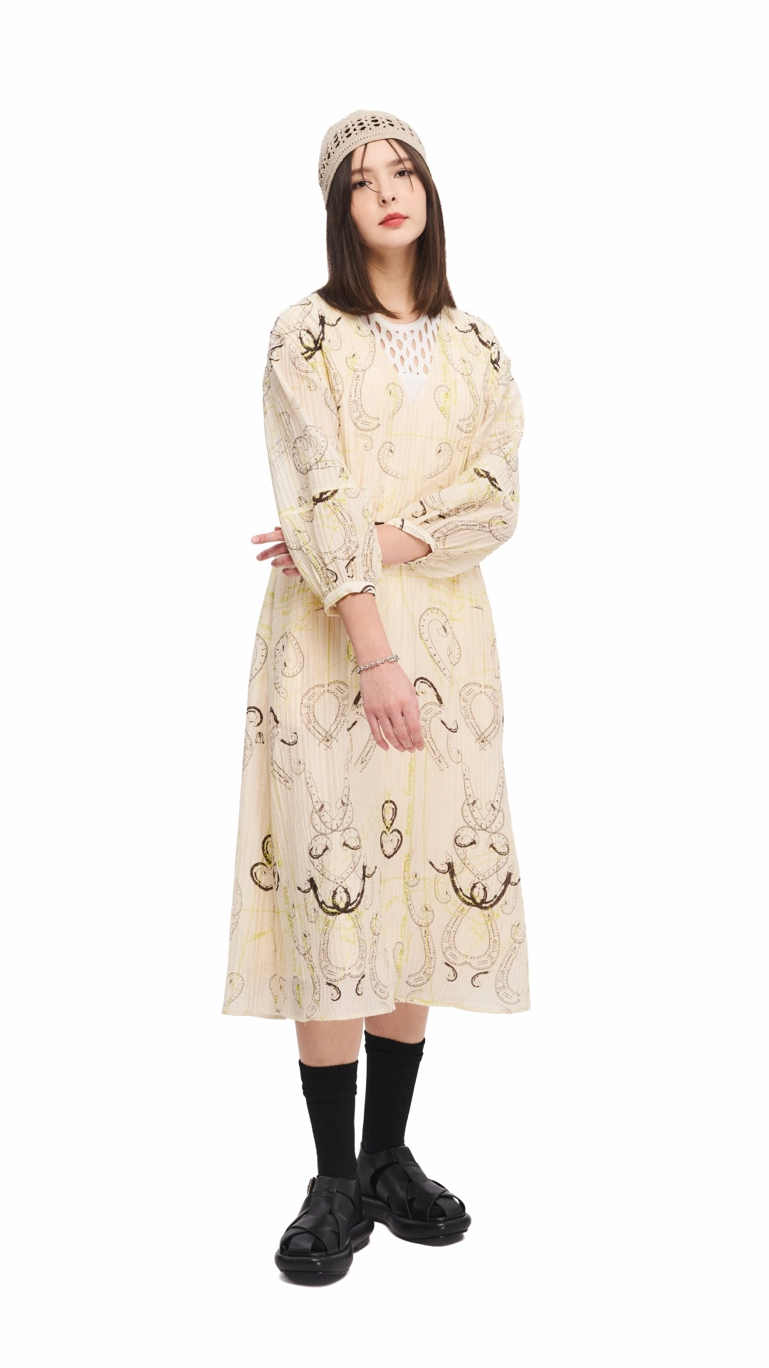 French Curve Ruler Print Puff-Sleeves Dress Wool-Blend Everyday Style