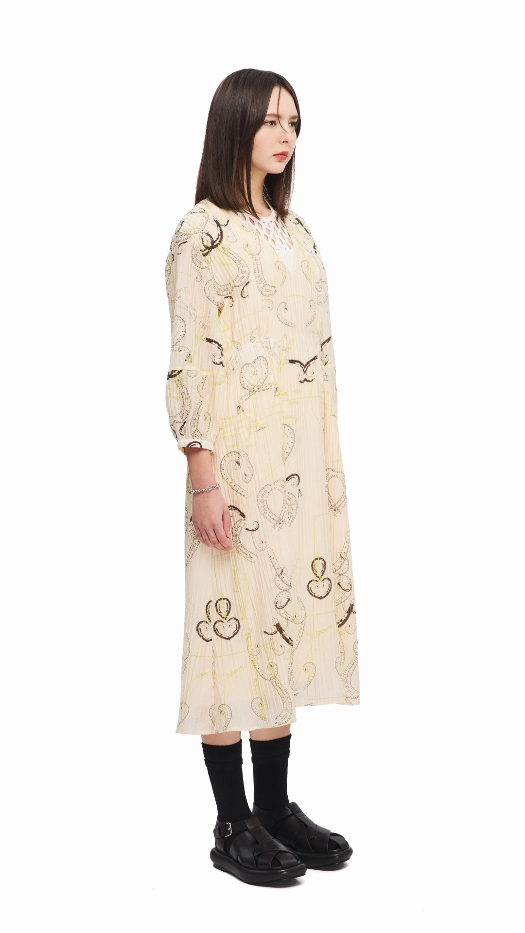 Coastal Chic French Curve Ruler Print Puff-Sleeves Dress