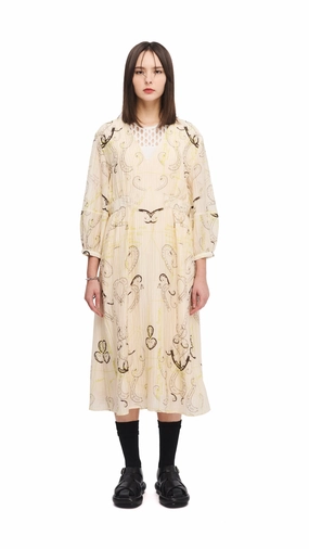 Skin-friendly French Curve Ruler Print Puff-Sleeves Dress