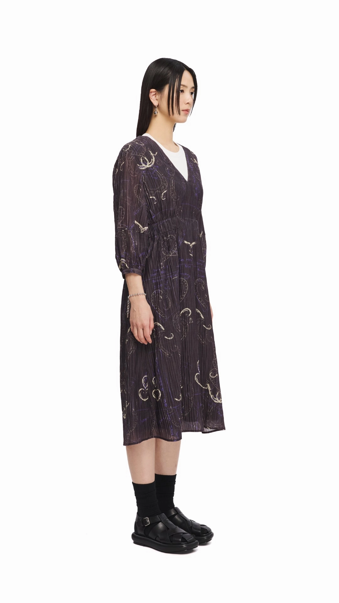 Gradient Shade French Curve Ruler Print Puff-Sleeves Dress